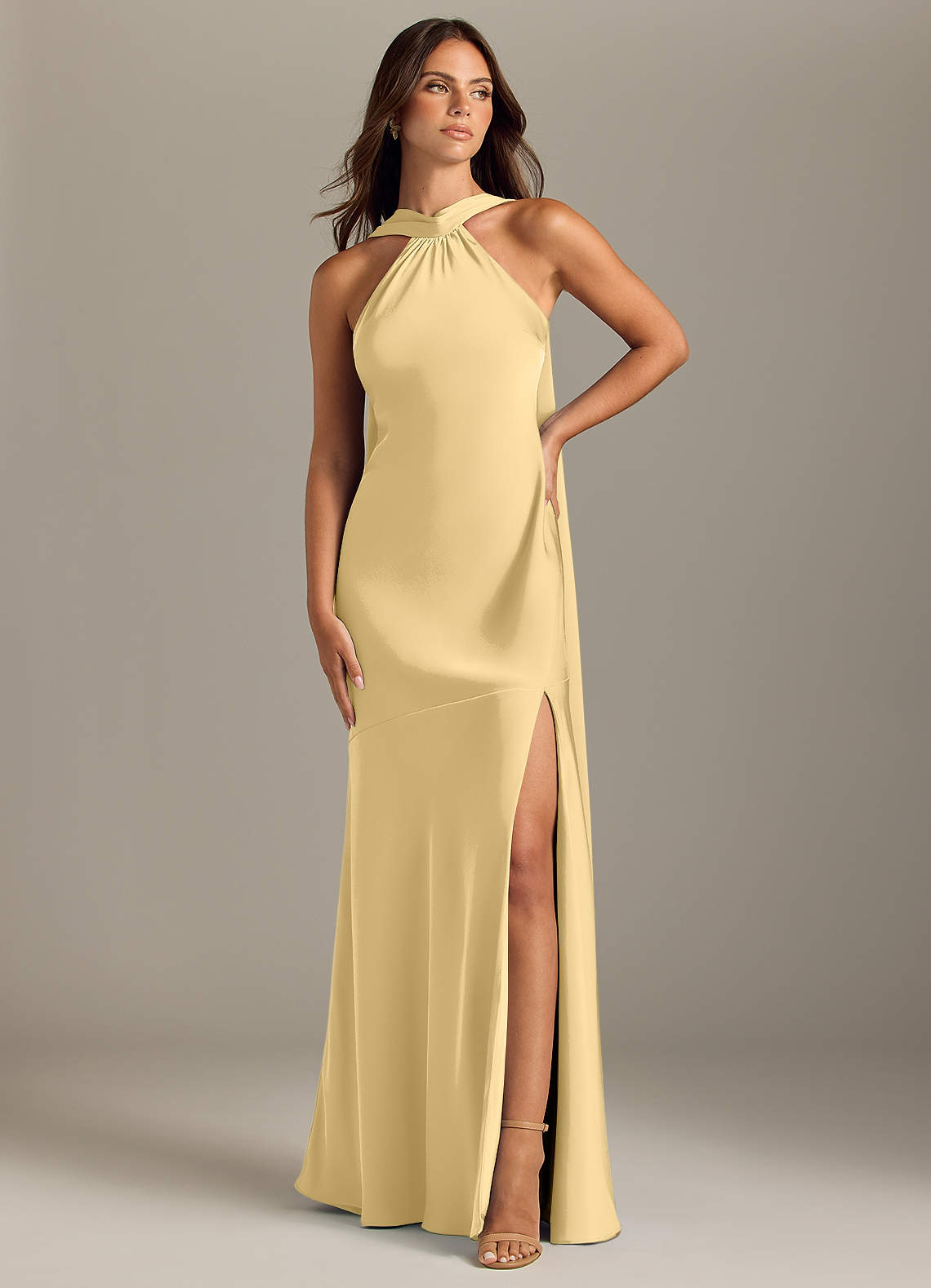 Kinsley Mermaid Halter Stretch Satin Bridesmaid Dress in Butter
