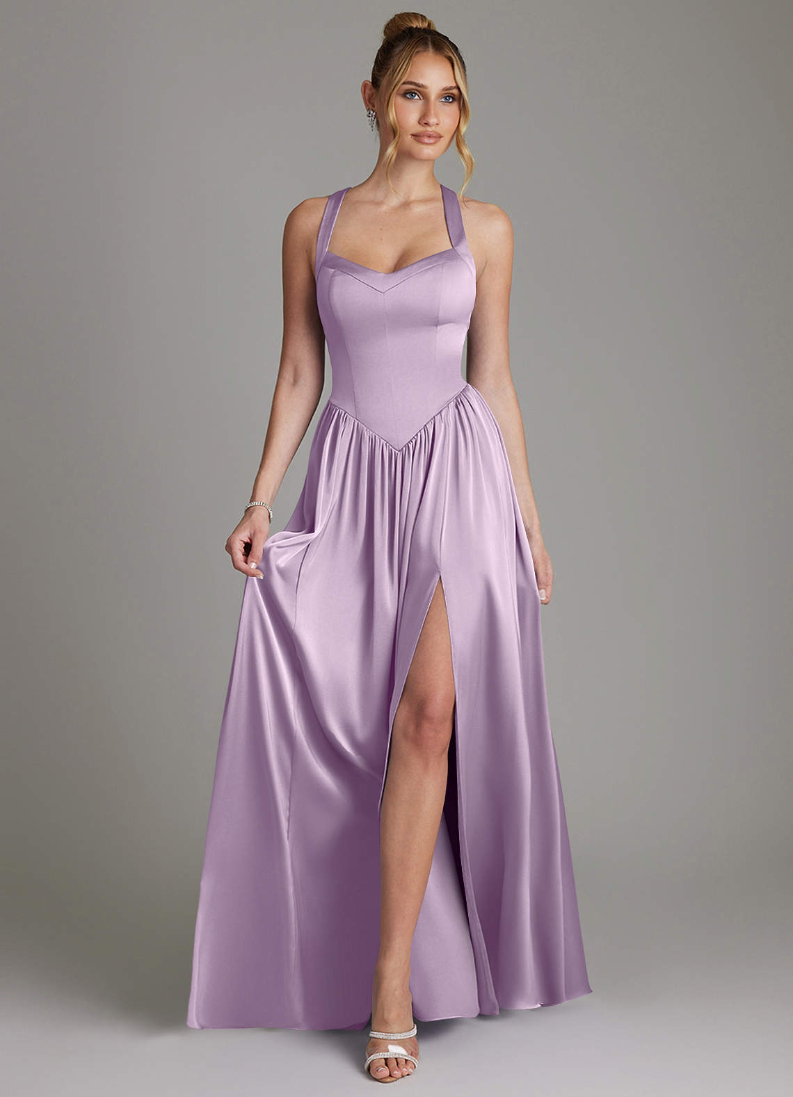 Francis A-Line V-Neck Stretch Satin Bridesmaid Dress in Frosted Lilac