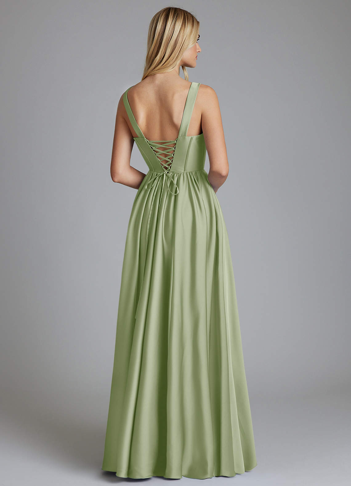 Delmie A-Line V-Neck Stretch Satin Bridesmaid Dress in Dusty Sage