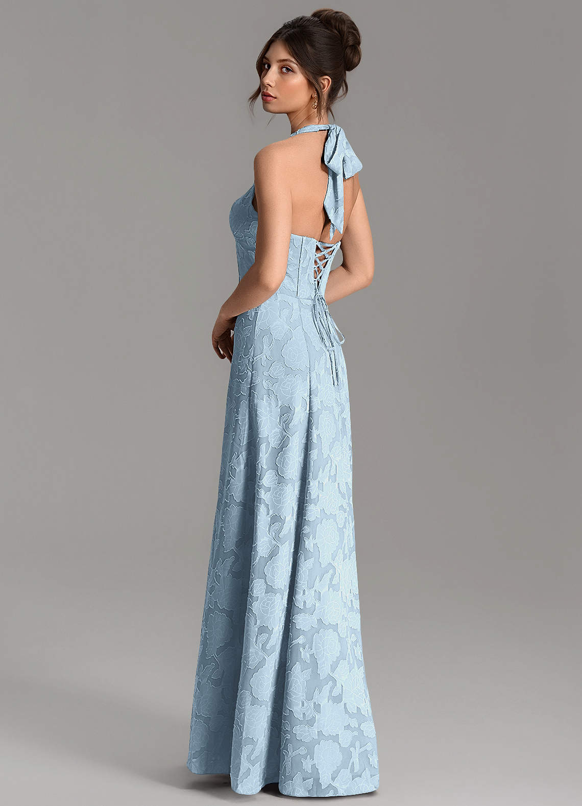 Nia A-Line V-Neck Floral Burnout Bridesmaid Dress in Sky Blue