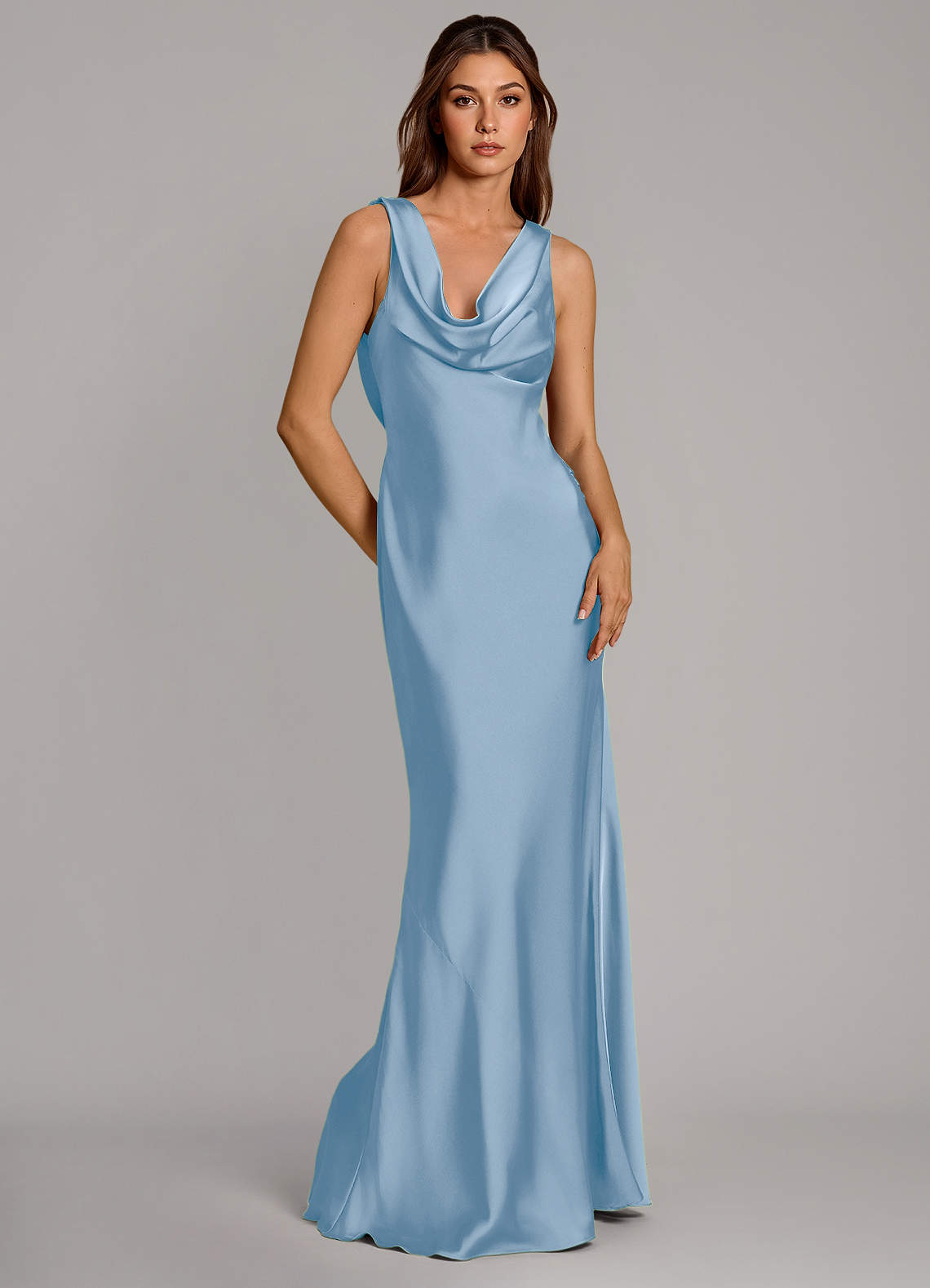 Cheryl Mermaid Cowl-Neck Stretch Satin Bridesmaid Dress in Powder Blue