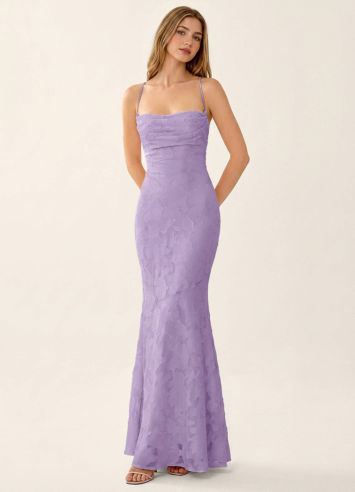 Natasha Mermaid Spaghetti-Strap Floral Burnout Evening Dress in Lilac