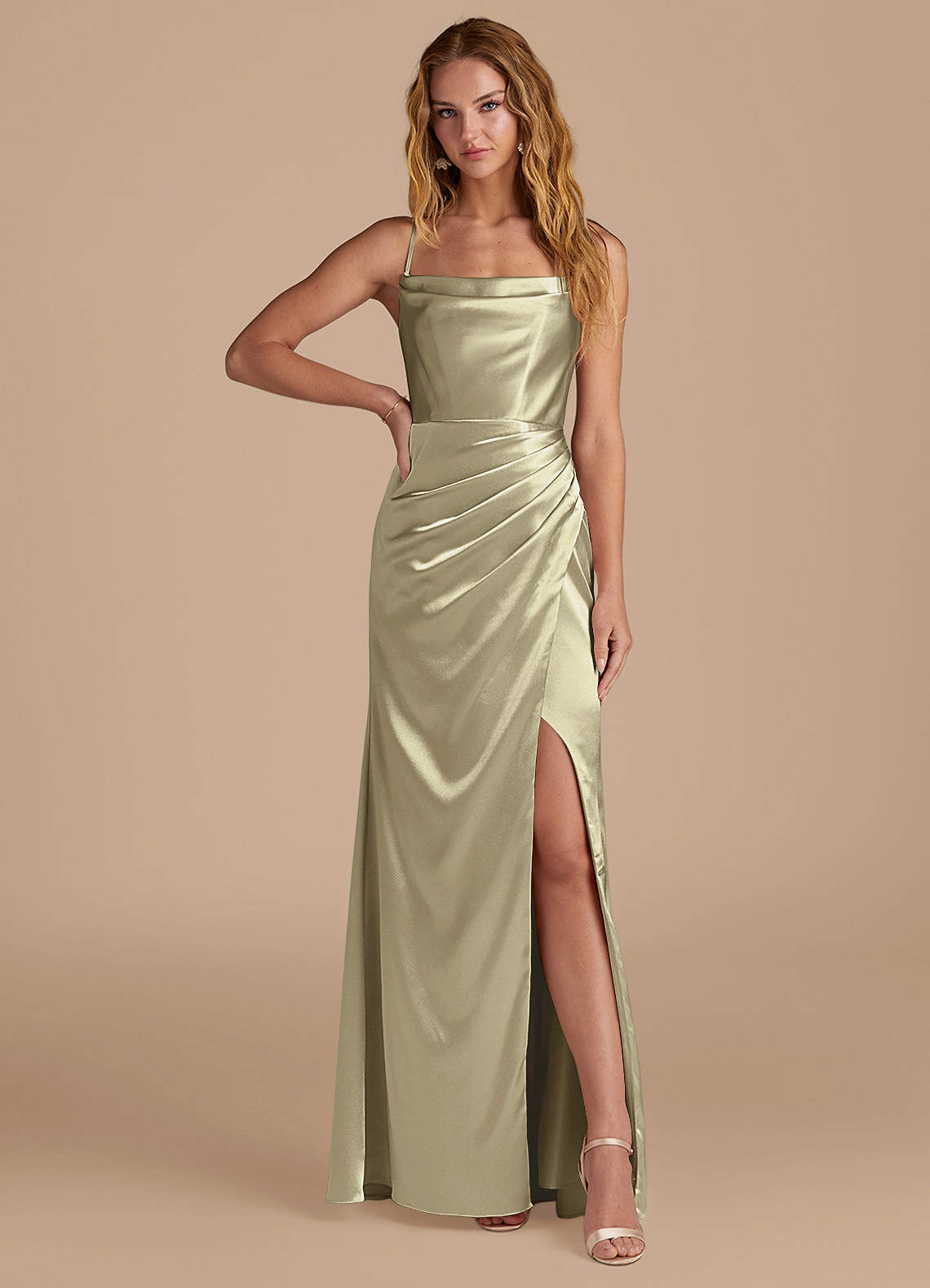Marzia Mermaid Square-Neck Metallic Satin Bridesmaid Dress in Moss Green