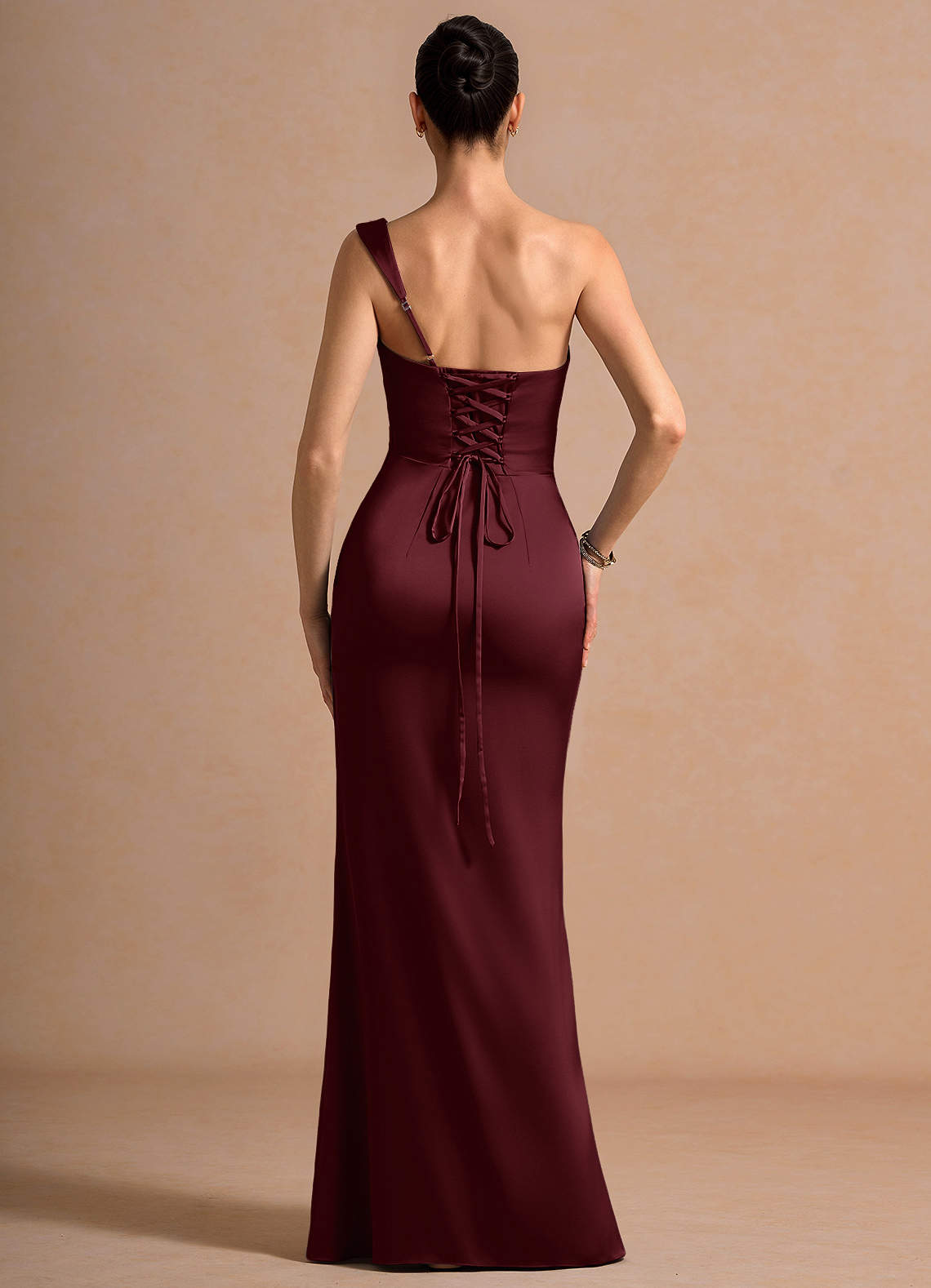 Cassiopeia One-Shoulder Draped Stretch Satin Evening Dress in Wine