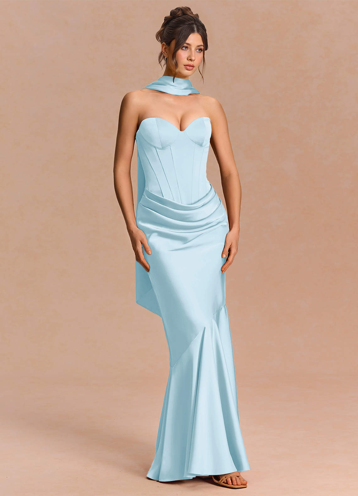 Euphemia Mermaid Strapless Stretch Satin Evening Dress in Sky Blue