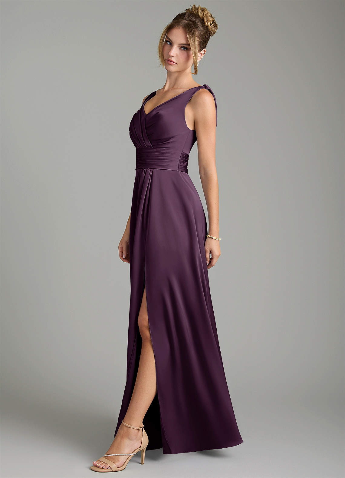 Karina A-Line V-Neck Stretch Satin Bridesmaid Dress in Plum