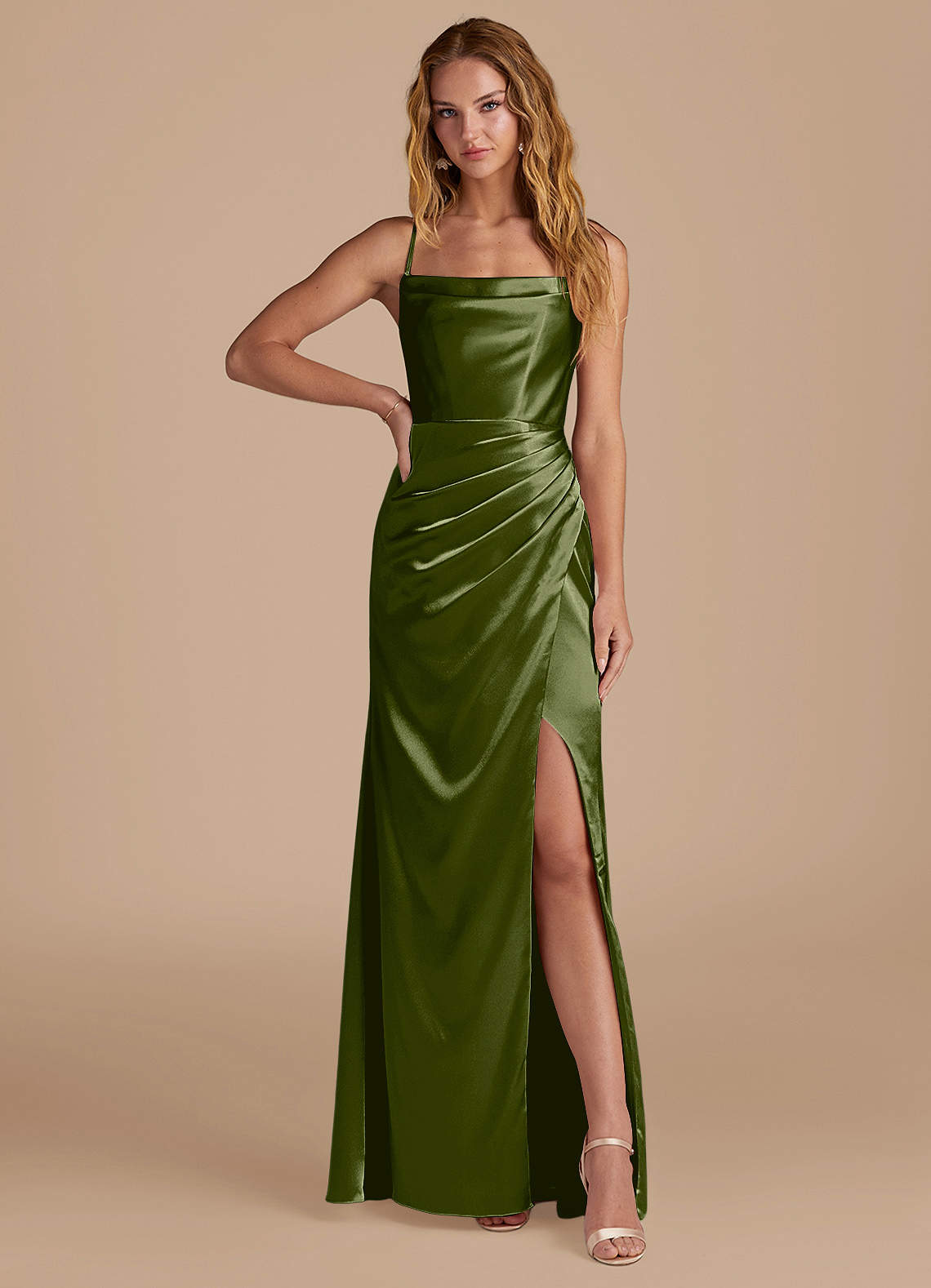 Marzia Mermaid Square-Neck Metallic Satin Bridesmaid Dress in Olive