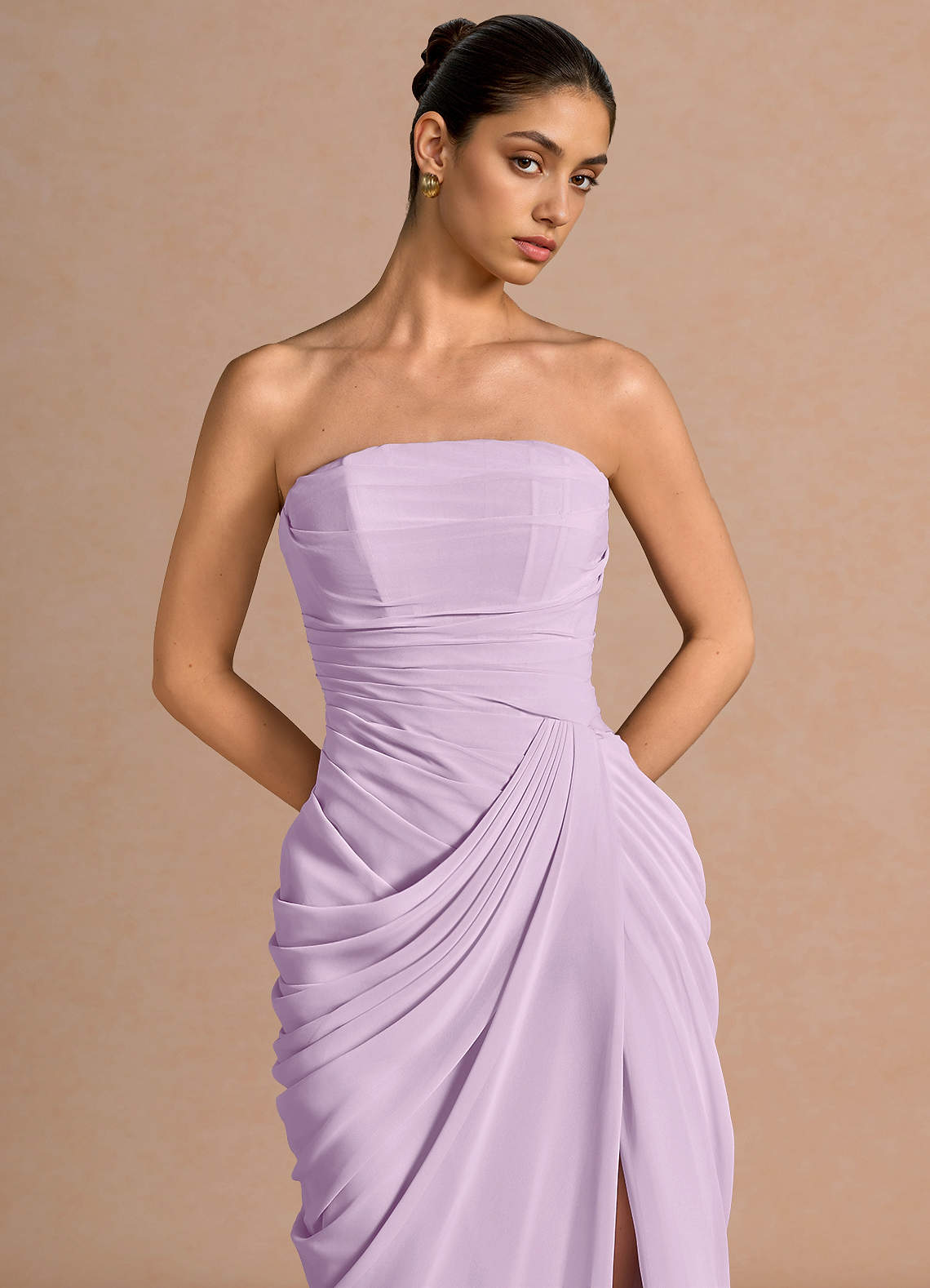 Kaavia Column Pleated Chiffon Midi Evening Dress in Frosted Lilac