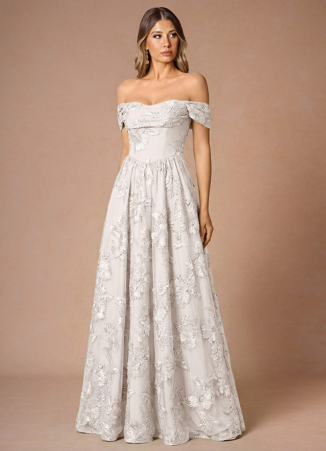 Hazel A-Line Cowl-Neck Floral Mesh Wedding Guest Dress in Cloud White