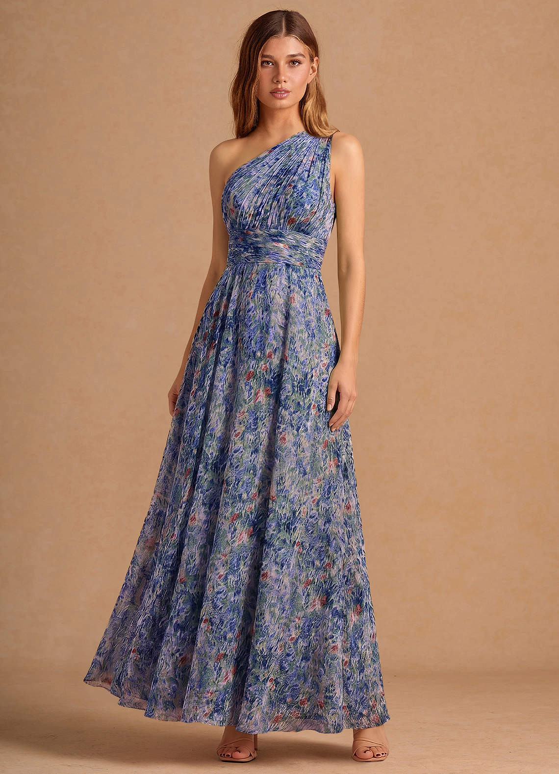 Noelle A-Line Twisted-Shoulder Chiffon Wedding Guest Dress in Truffle