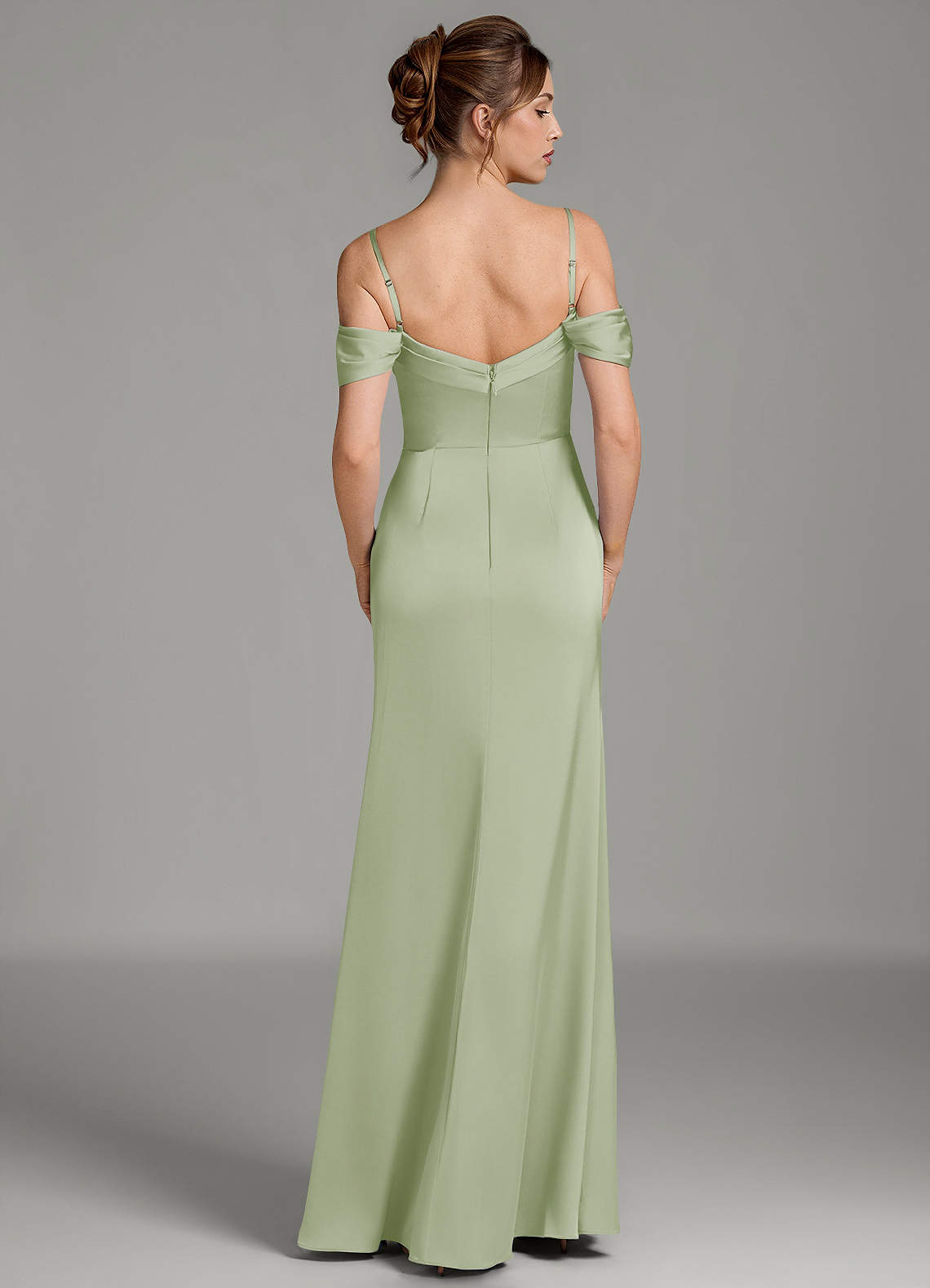 Wyatt Mermaid Off-the-Shoulder Stretch Satin Bridesmaid Dress in Dusty Sage