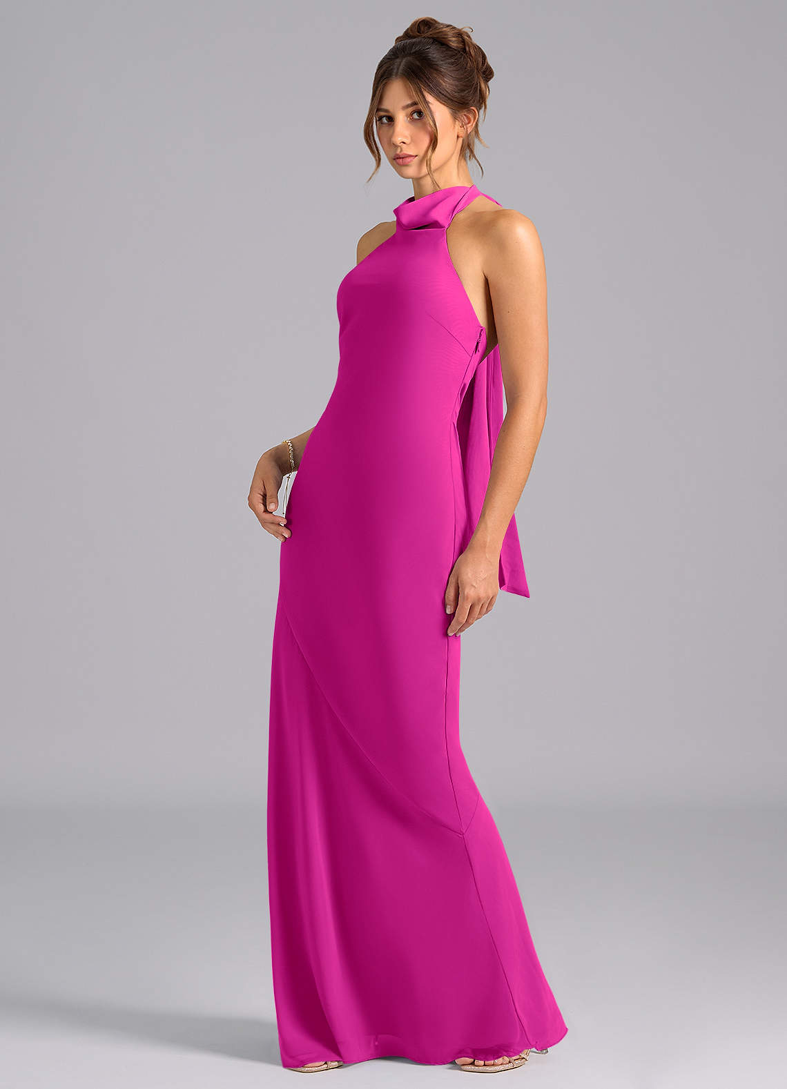 Velli Mermaid Halter Chiffon Bridesmaid Dress in Fuchsia
