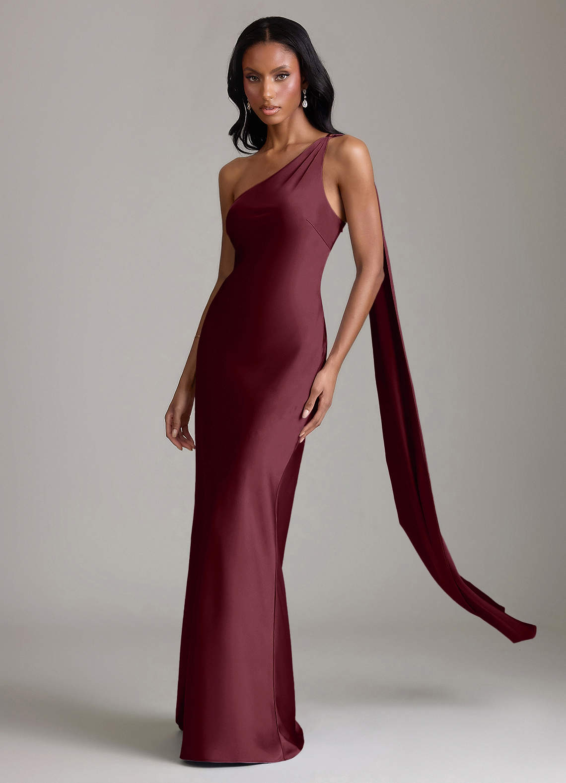 Juniper Mermaid One-Shoulder Stretch Satin Bridesmaid Dress in Cabernet