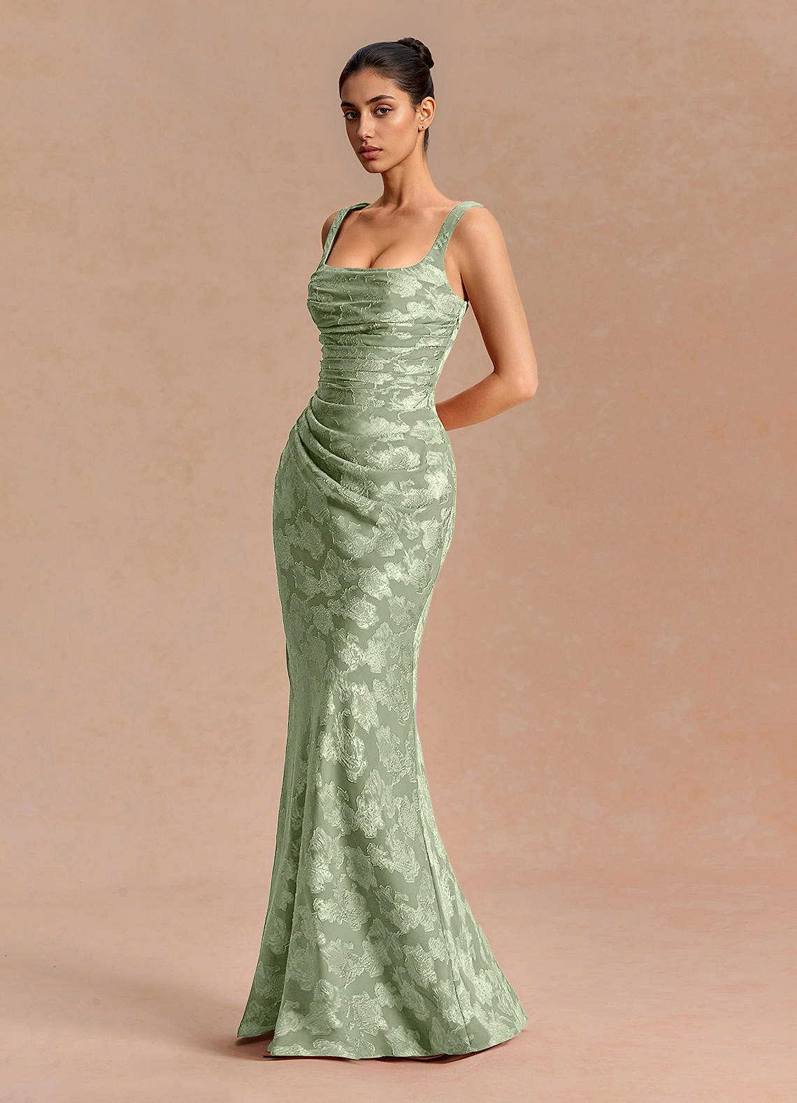 Agustina Square-Neck Pleated Fil Coupé Evening Dress in Light Green