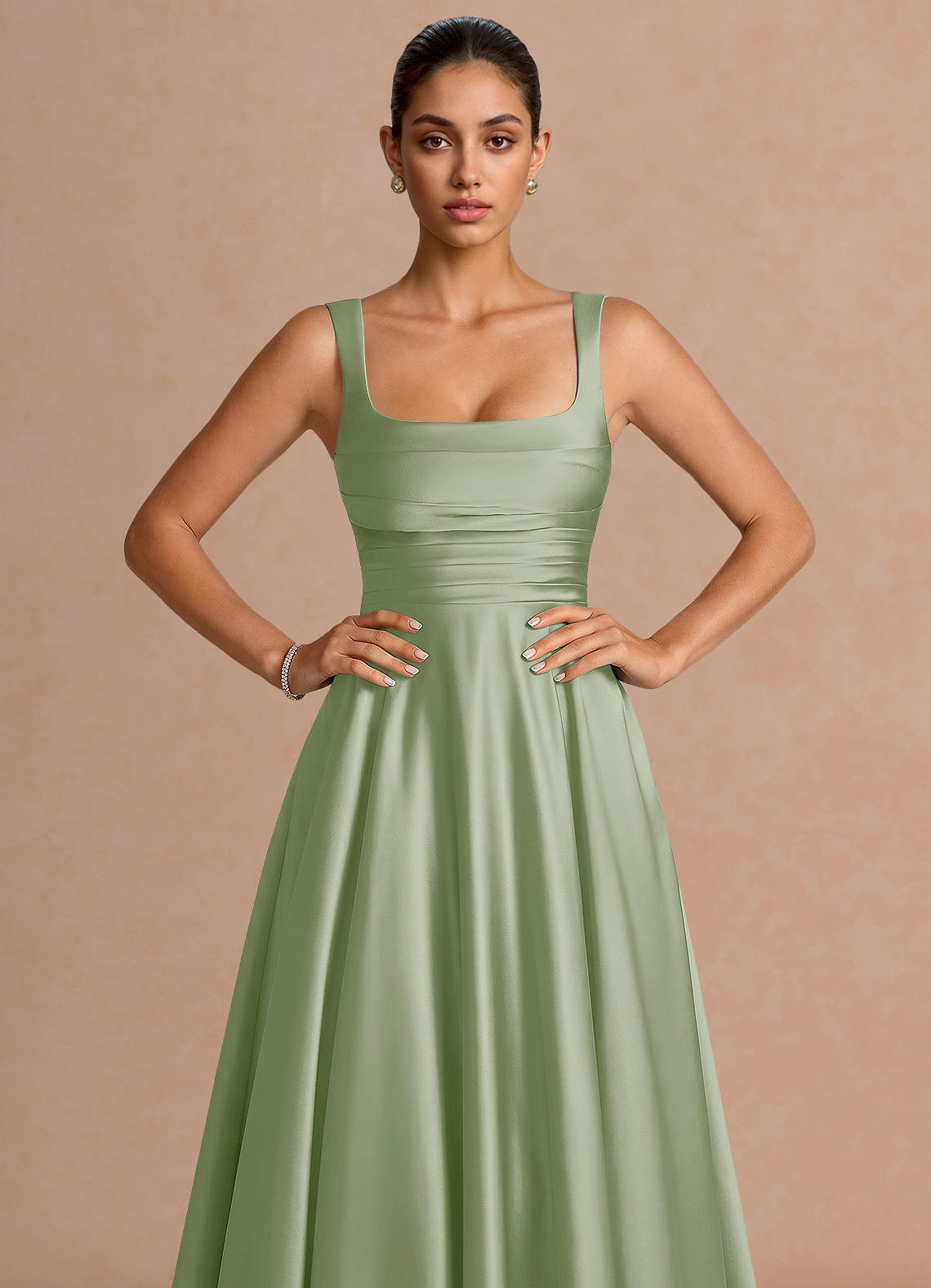 Azaria A-Line Square-Neck Stretch Satin Wedding Guest Dress in Light Green