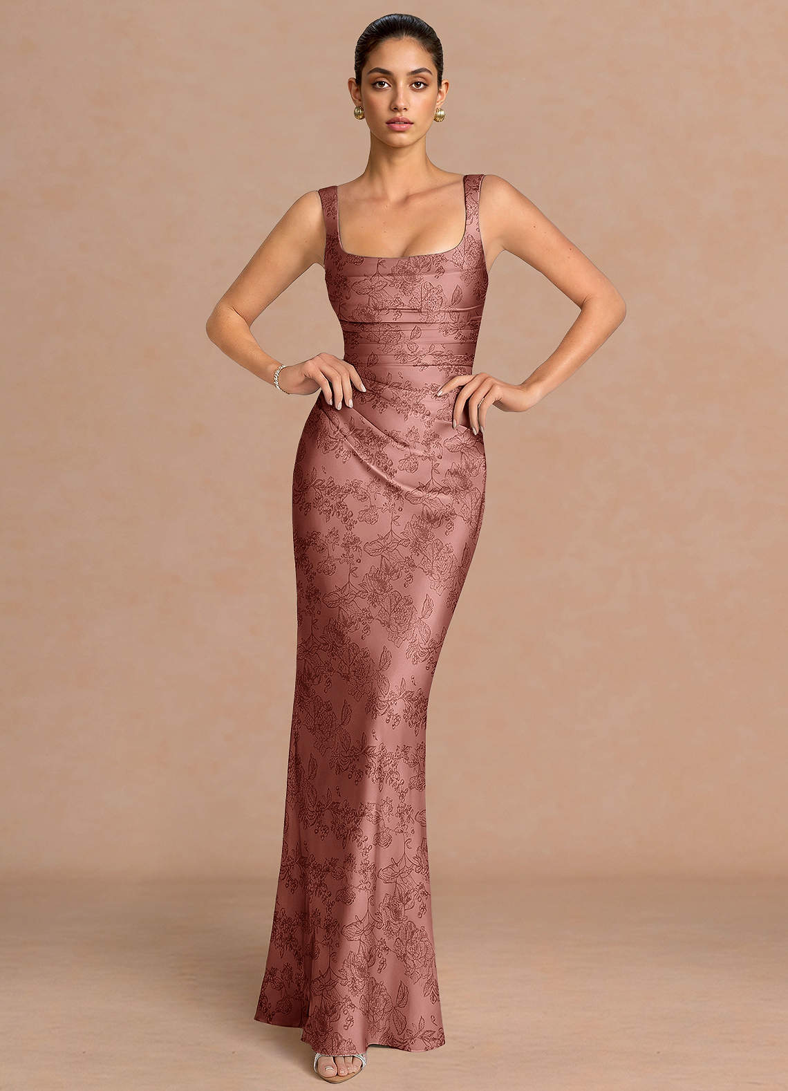 Agustina Square-Neck Pleated Jacquard Evening Dress in Moss Navy