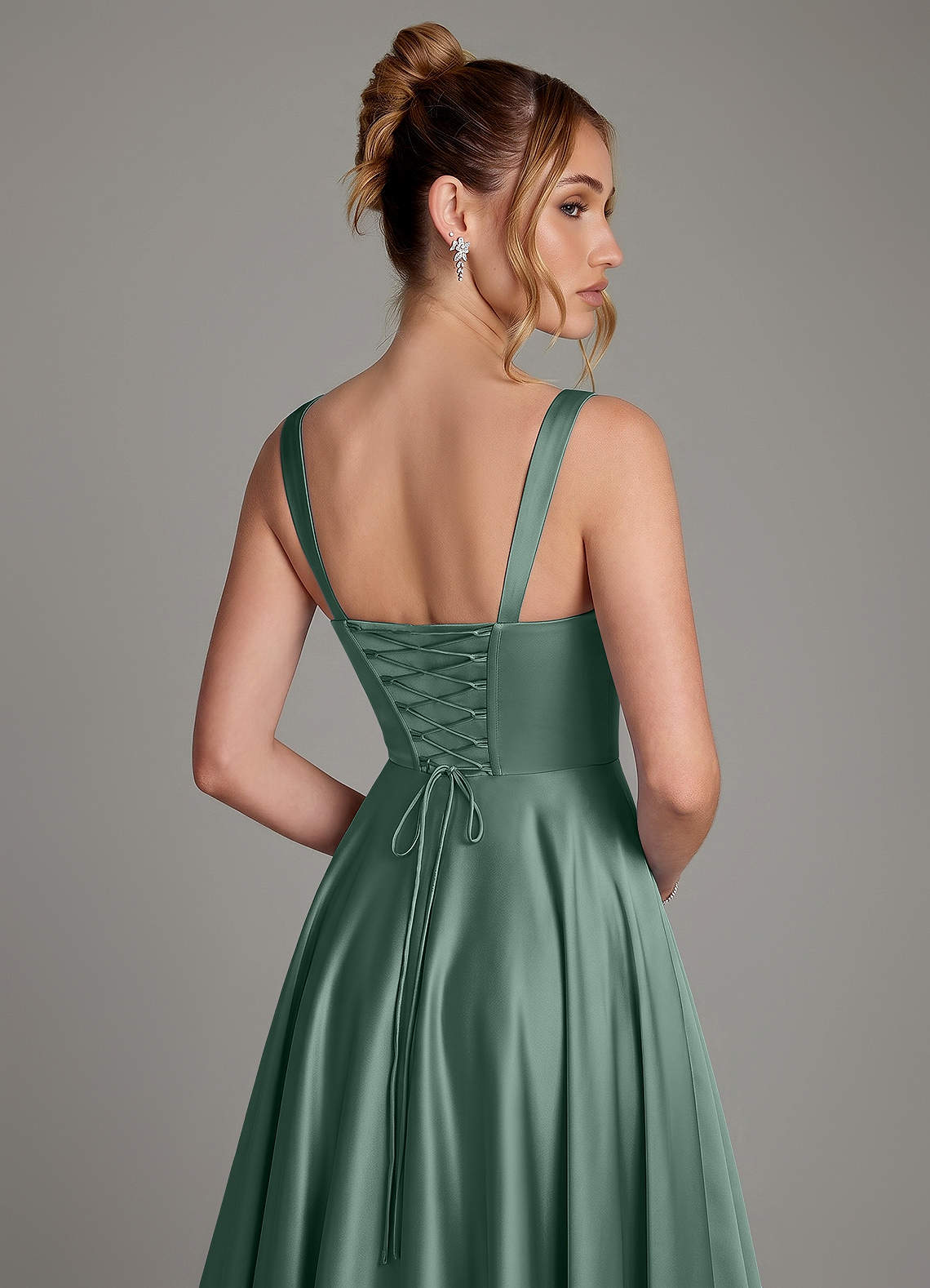 Azaria A-Line Square-Neck Stretch Satin Bridesmaid Dress in Eucalyptus