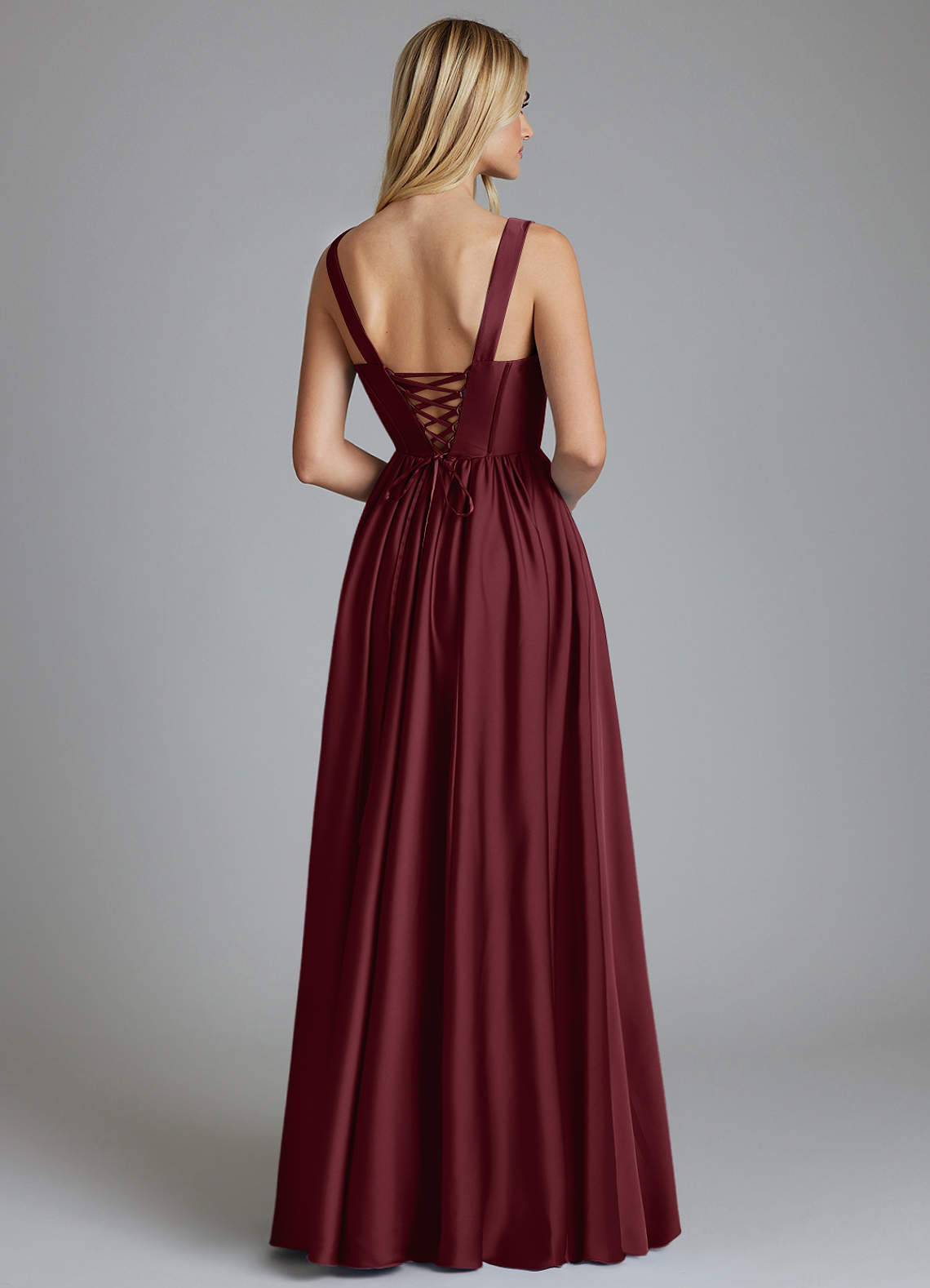 Delmie A-Line V-Neck Stretch Satin Bridesmaid Dress in Cabernet