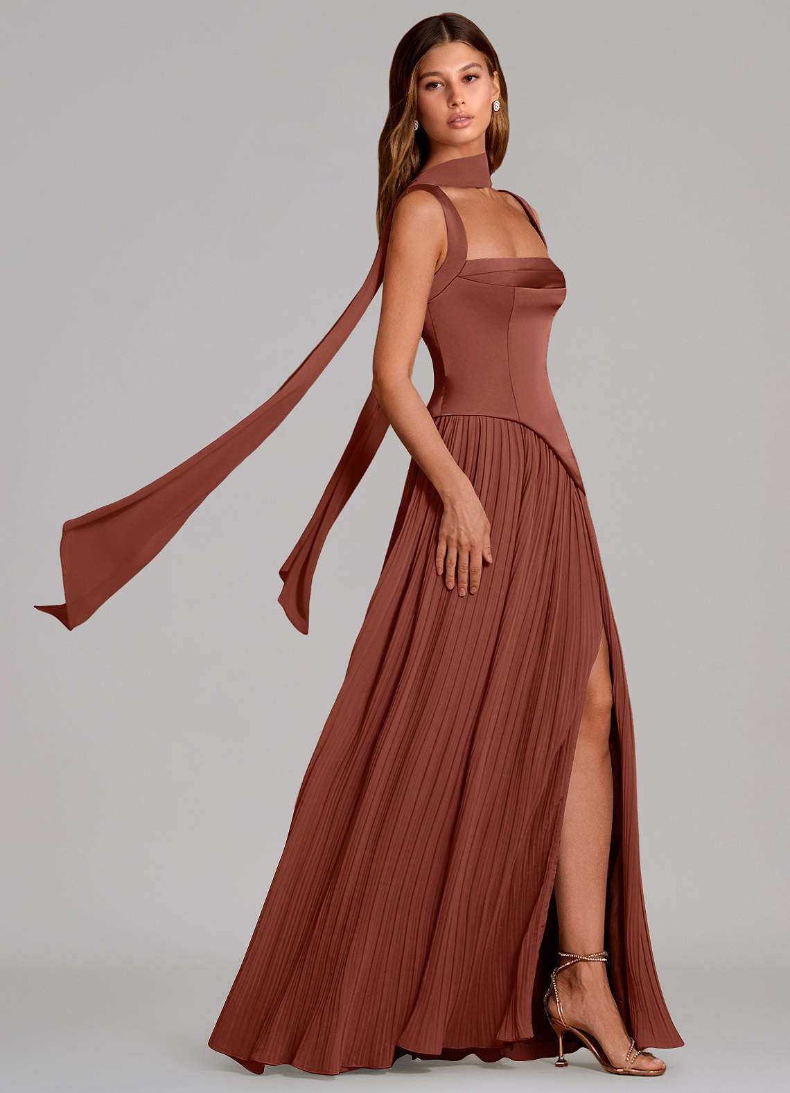 Stephanie A-Line Square-Neck Stretch Satin and Chiffon Bridesmaid Dress in Auburn