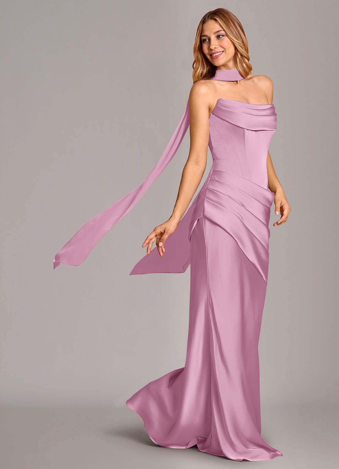 Pelagia Mermaid Cowl-Neck Stretch Satin Bridesmaid Dress in candy pink