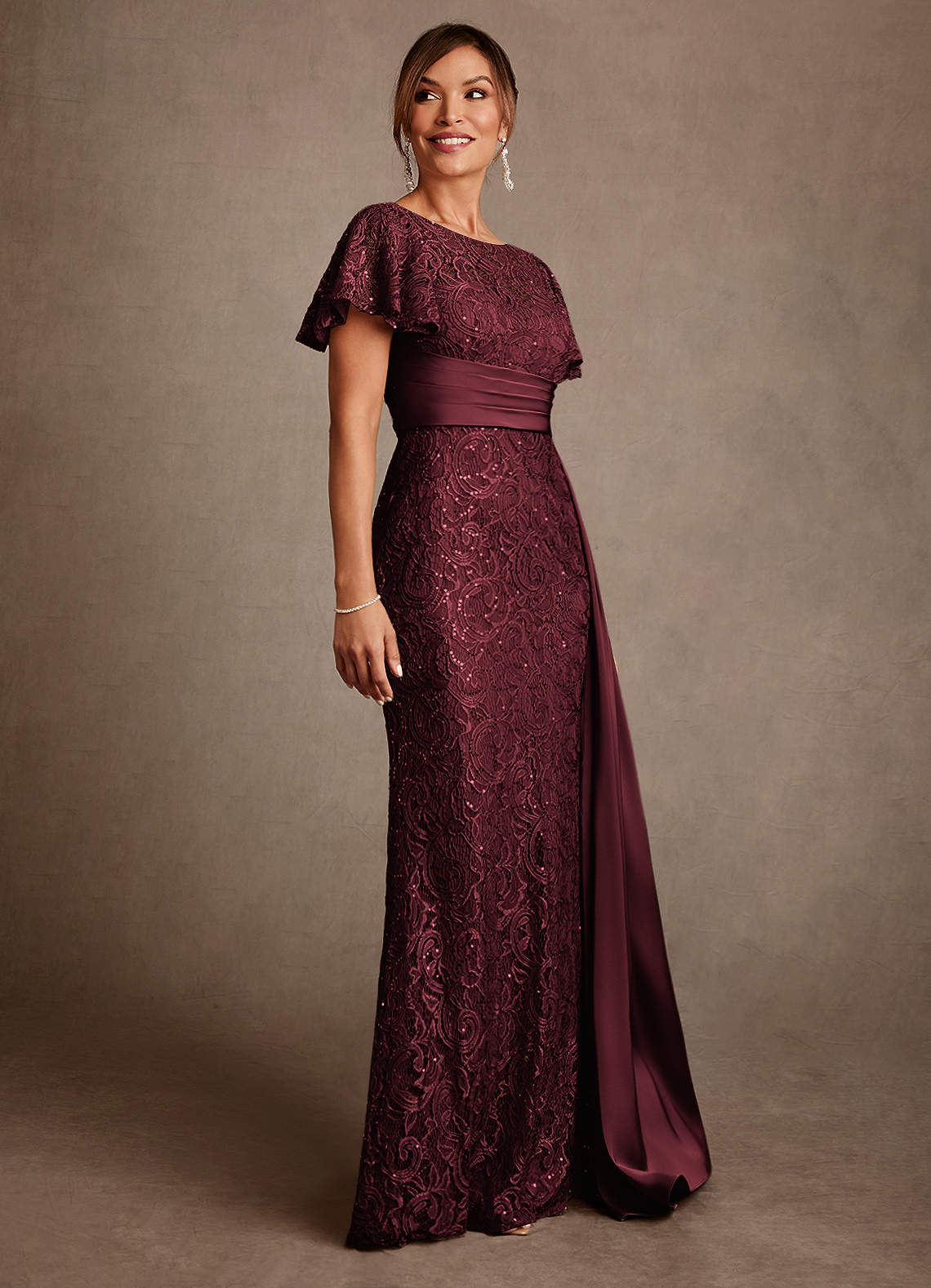 Harrison Mermaid Scoop-Neck Stretch Satin and Lace Mother of the Bride Dress in Cabernet