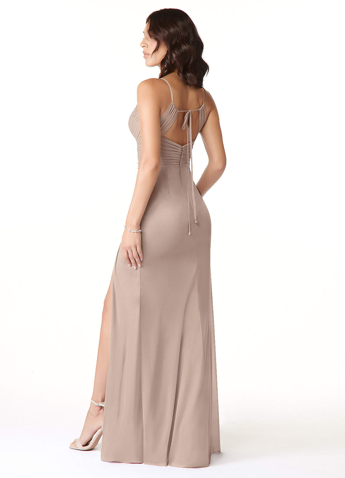 Reneya Mermaid V-Neck Mesh Bridesmaid Dress in Taupe