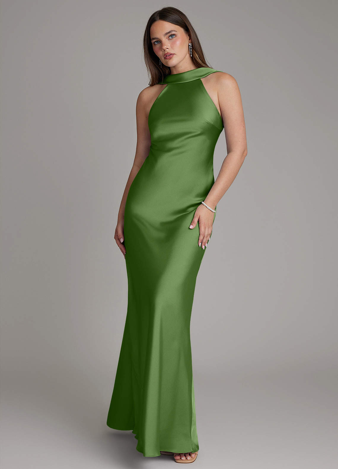 Dimitra Sheath Halter Stretch Satin Bridesmaid Dress in Basil