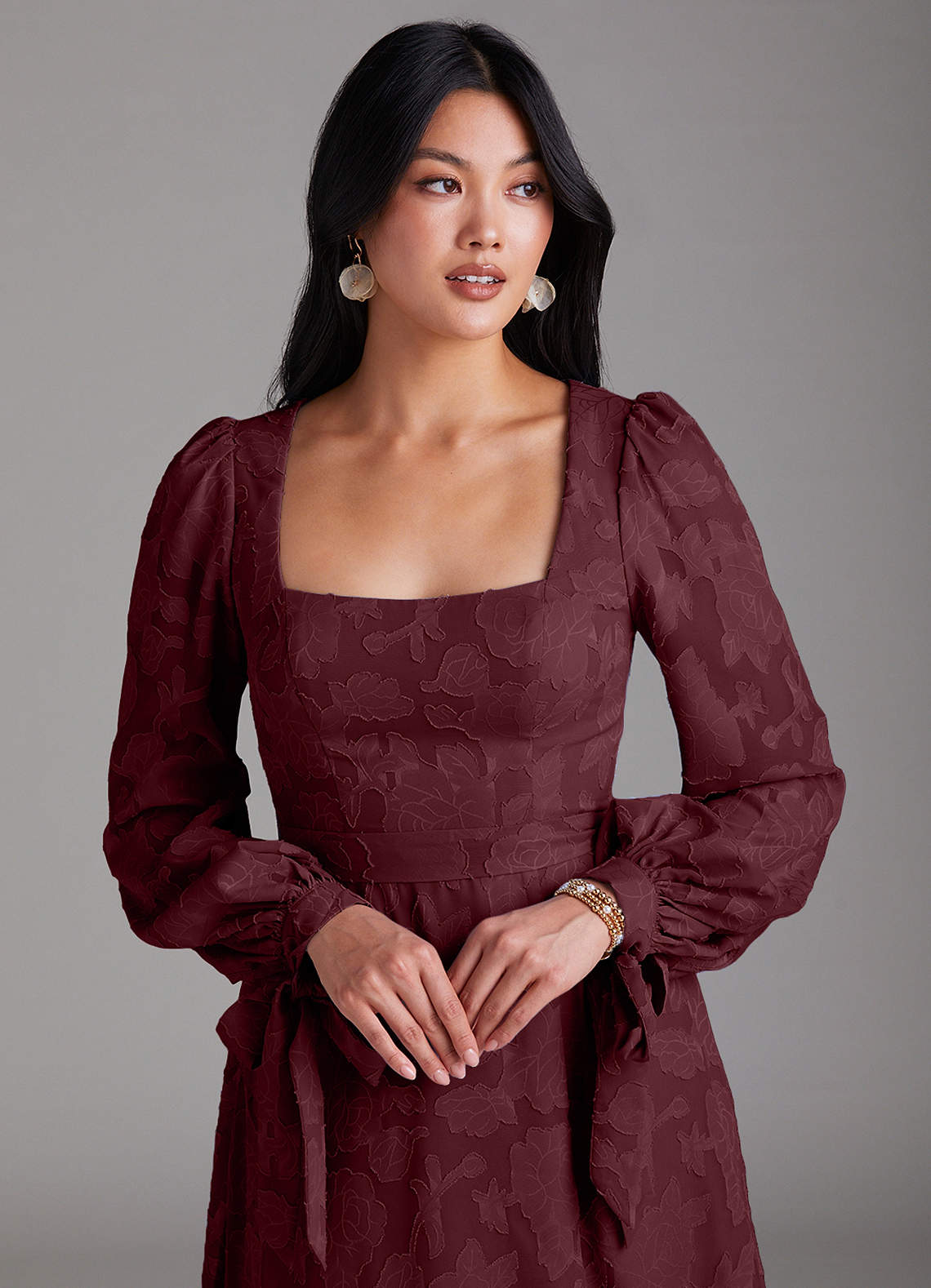 Leonia A-Line Square-Neck Stretch Satin Bridesmaid Dress in Cabernet