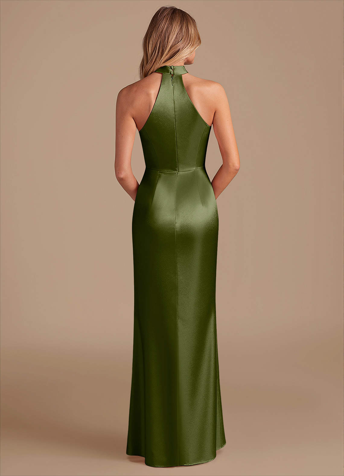 Karlotta Sheath Halter-Neck Metallic Satin Bridesmaid Dress in Olive