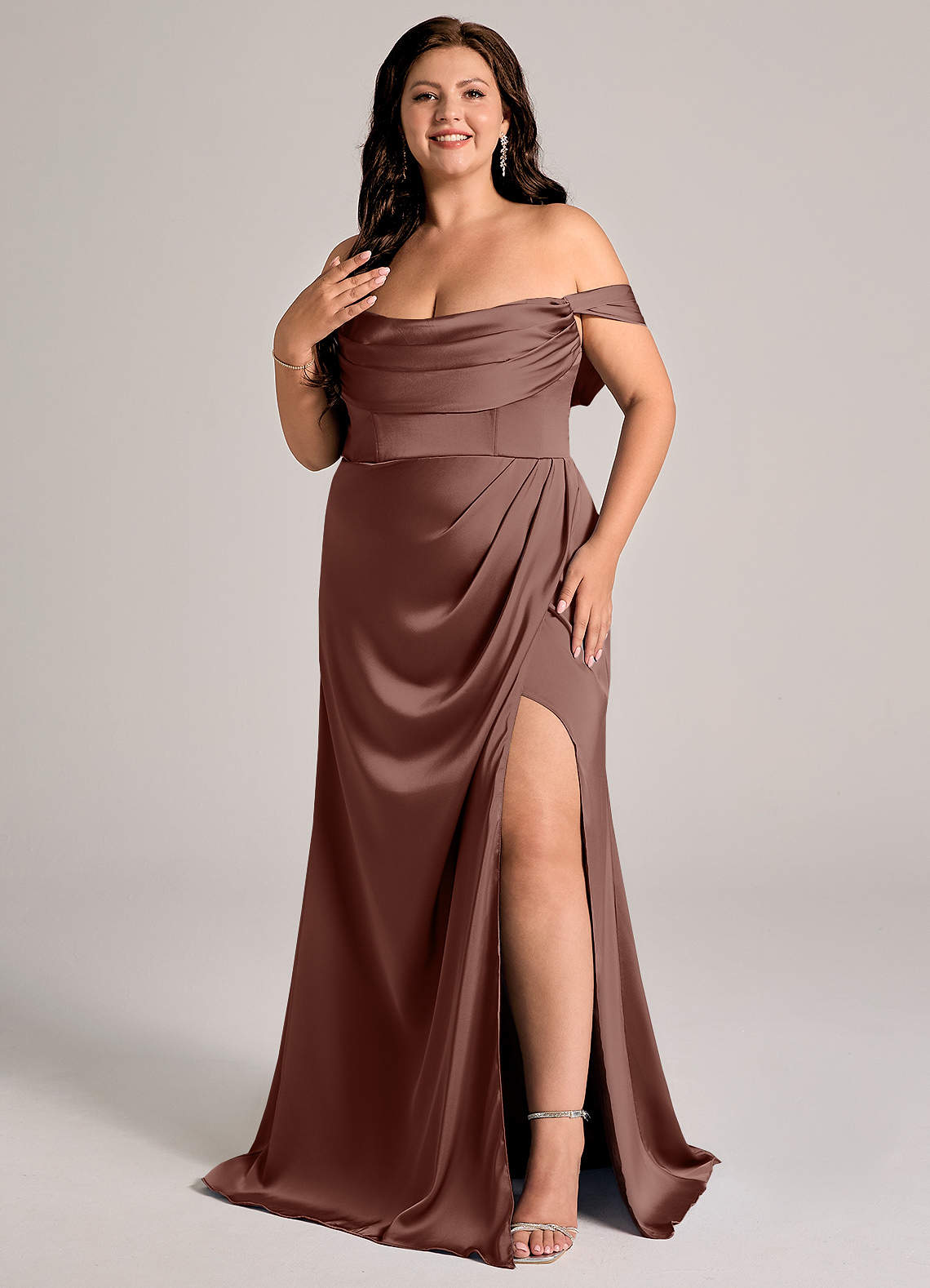 Johana Mermaid Off-the-Shoulder Stretch Satin Bridesmaid Dress in Espresso