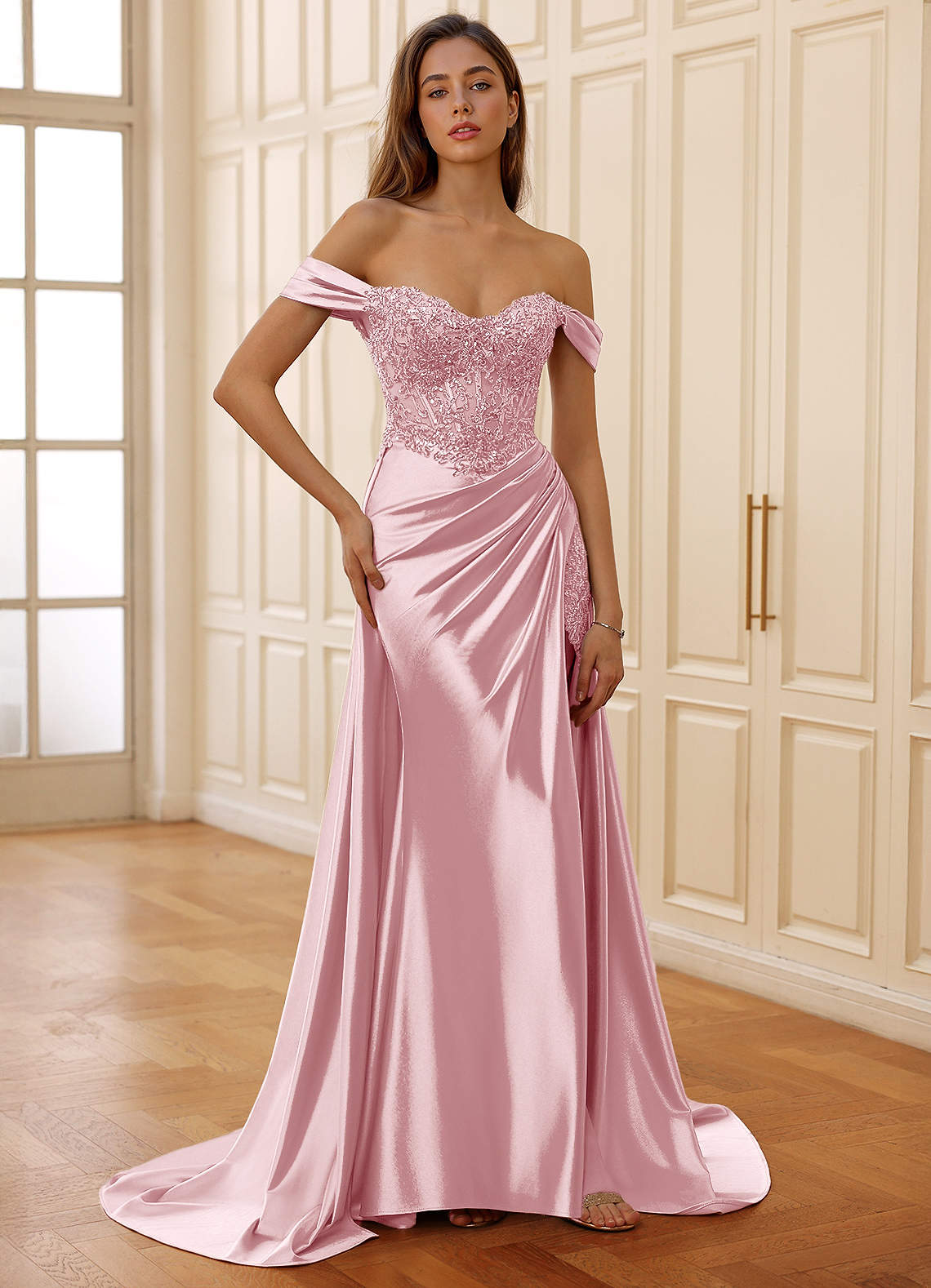 Rowane A-Line Off-the-Shoulder Satin Evening Dress in Plum