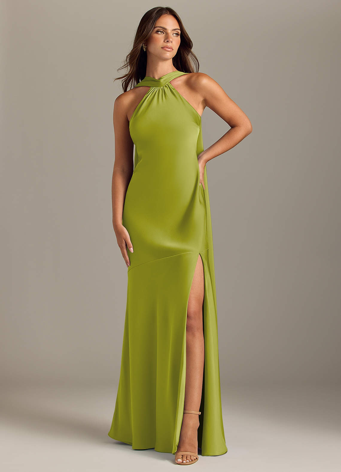 Kinsley Mermaid Halter Stretch Satin Bridesmaid Dress in Lemongrass