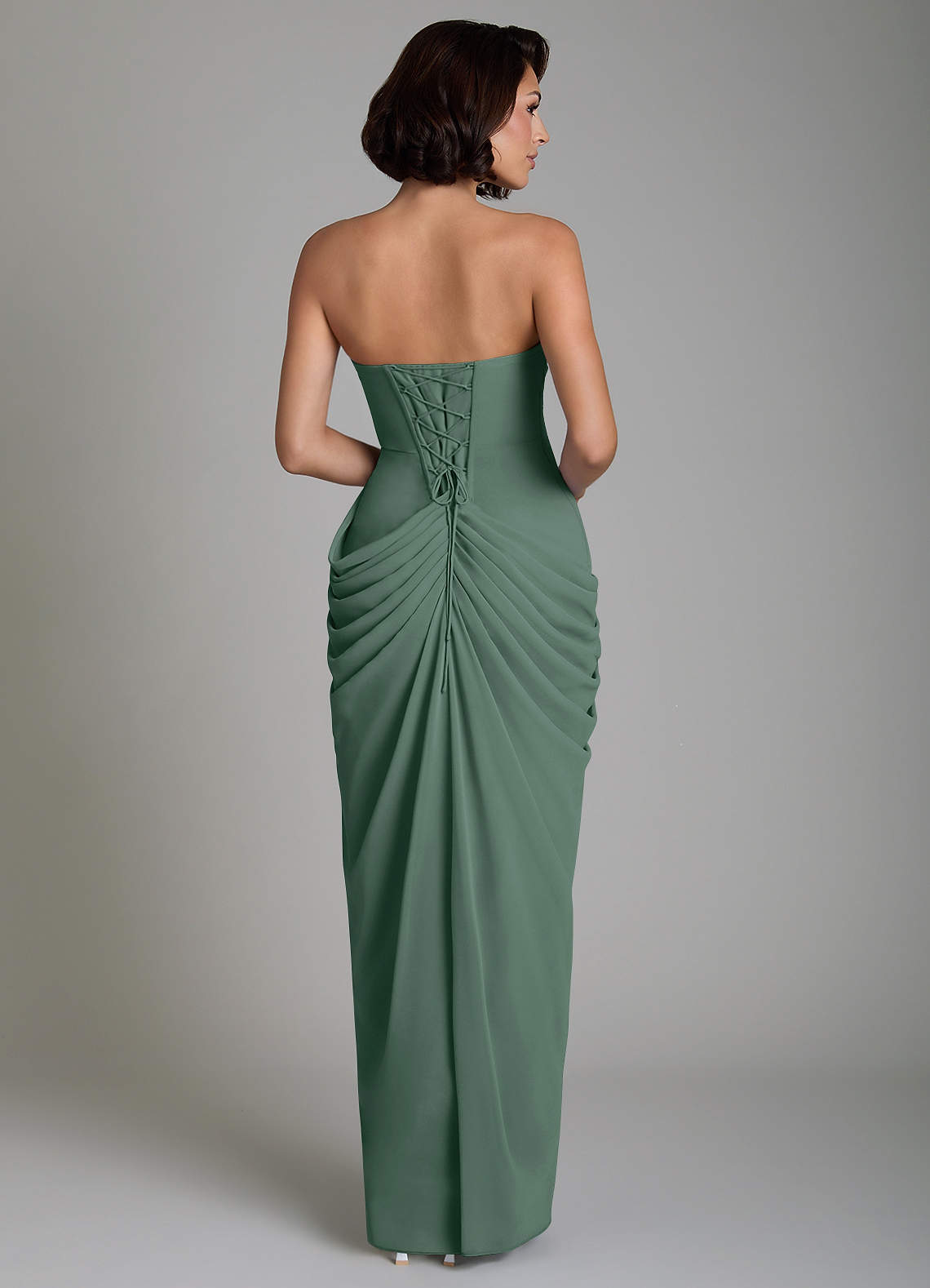 Nyra Sheath Strapless Chiffon Bridesmaid Dress in Sea Moss
