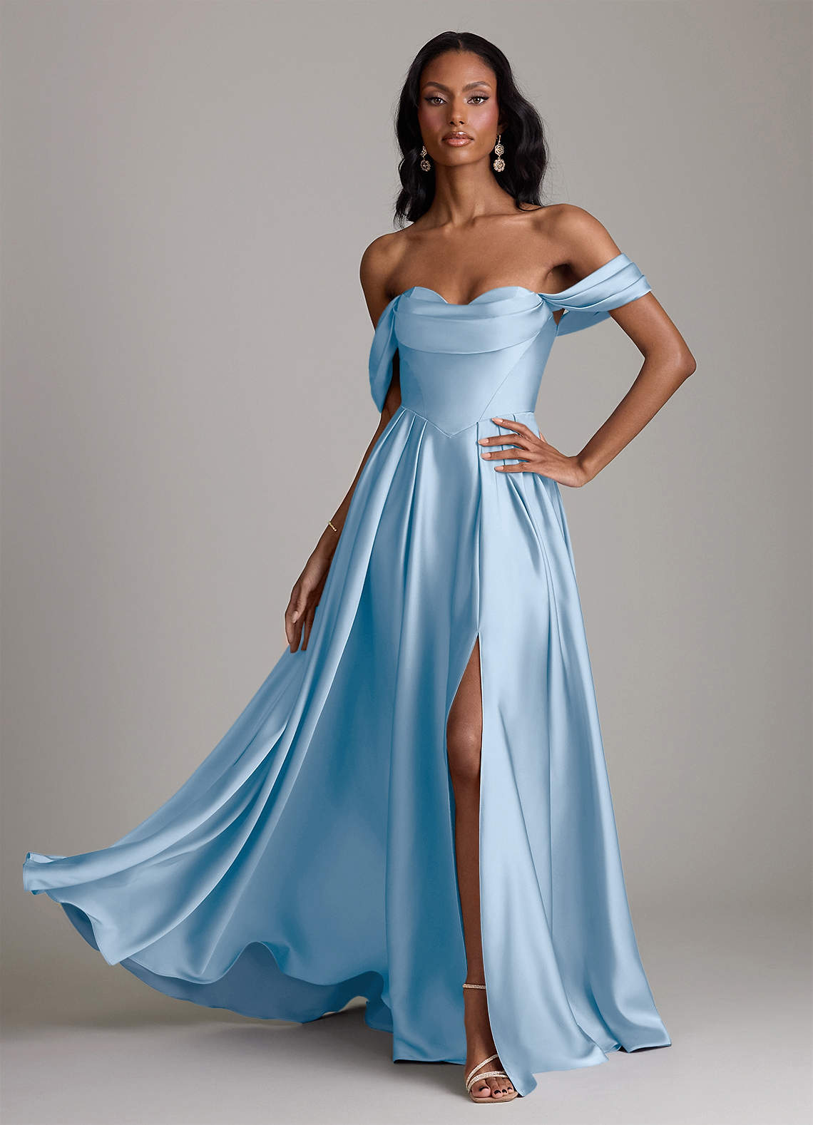 Loisa A-Line Off-the-Shoulder Stretch Satin Bridesmaid Dress in Powder Blue