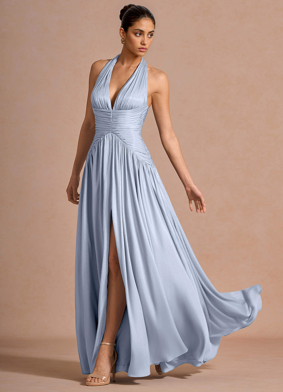 Hecate A-Line Halter Satin-Faced Chiffon Evening Dress in Sky Blue