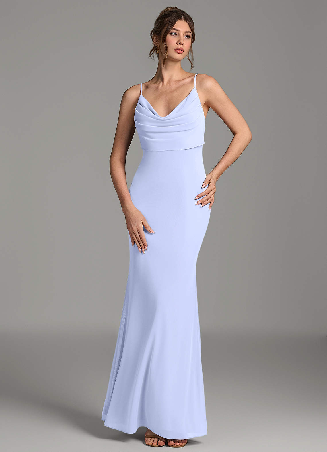 Zari Mermaid Cowl-Neck Mesh Bridesmaid Dress in Lavender