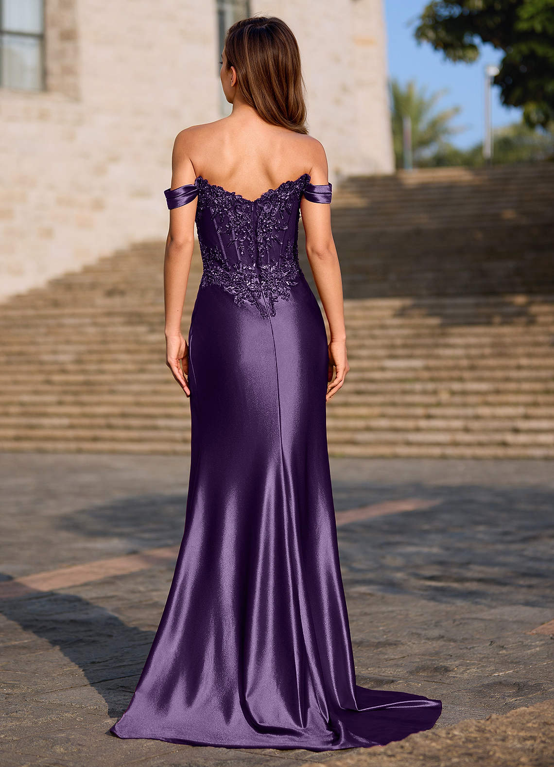 Opulence Mermaid Off-the-Shoulder Satin Evening Dress in Plum