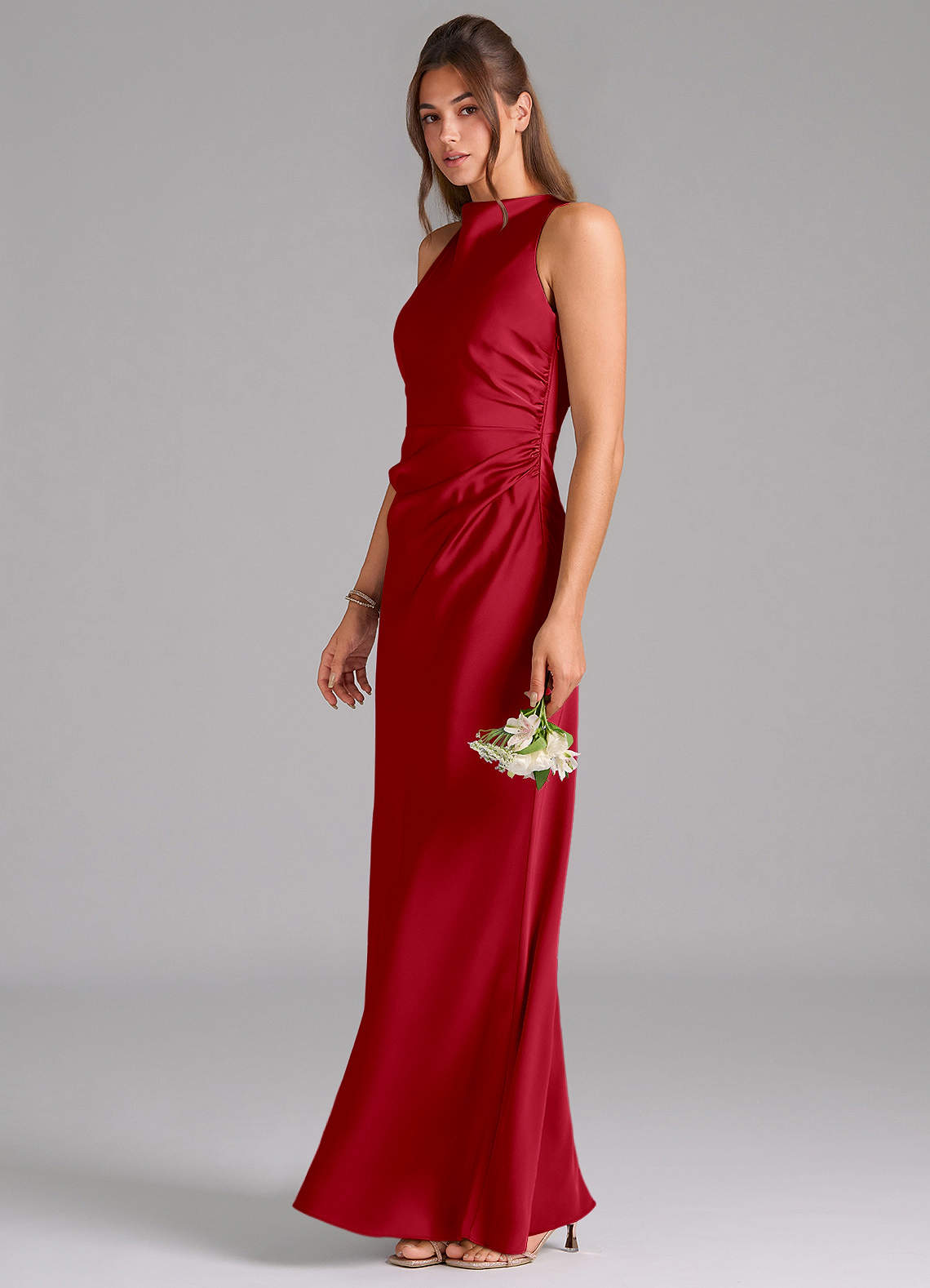 Evadne Sheath Scoop-Neck Stretch Satin Bridesmaid Dress in Scarlet