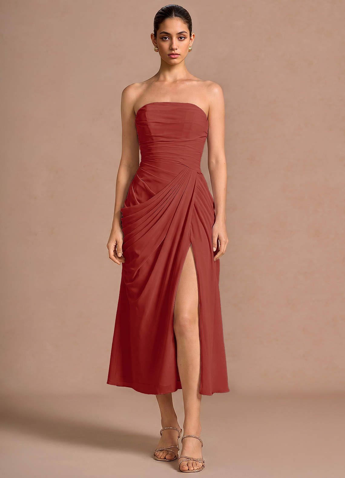 Kaavia Column Pleated Chiffon Midi Evening Dress in Burnt Umber
