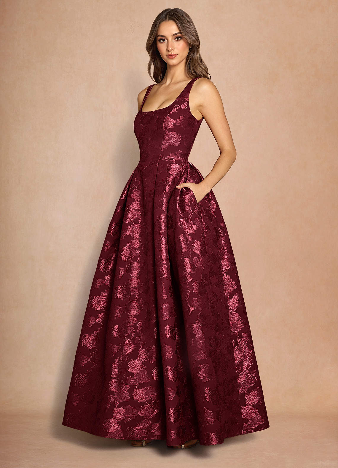 Briac A-Line Scoop-Neck Fil Coupé Evening Dress in Wine
