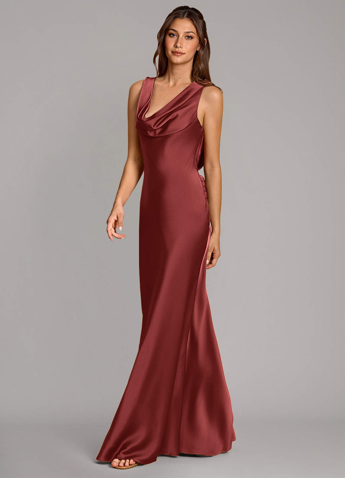 Cheryl Mermaid Cowl-Neck Stretch Satin Bridesmaid Dress in Terracotta