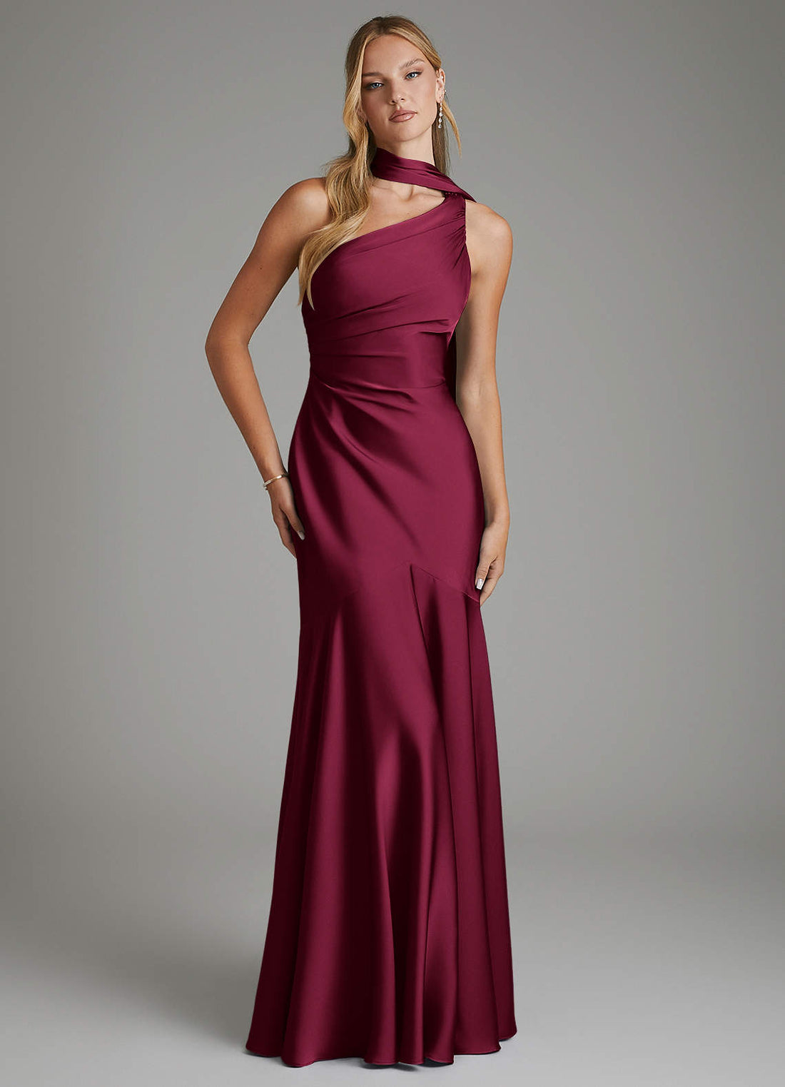 Amara Mermaid One-Shoulder Stretch Satin Bridesmaid Dress in Burgundy