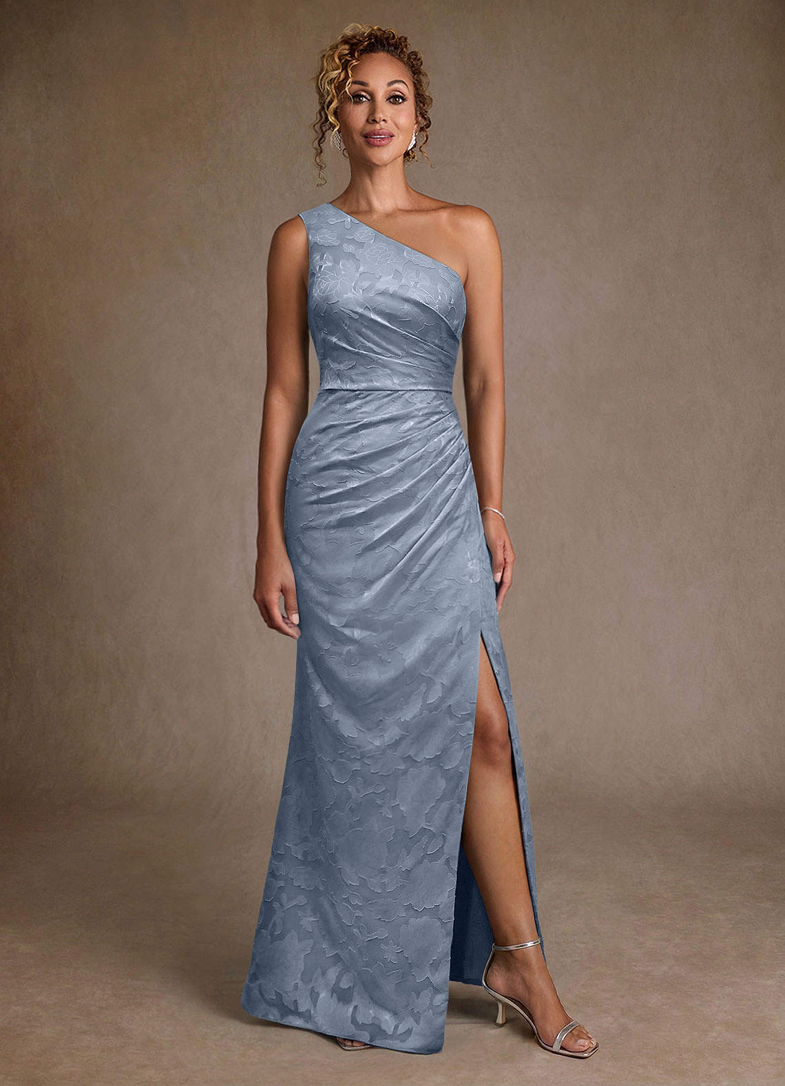 Joylin Trumpet One-Shoulder Floral Burnout Mother of the Bride Dress in dusty blue