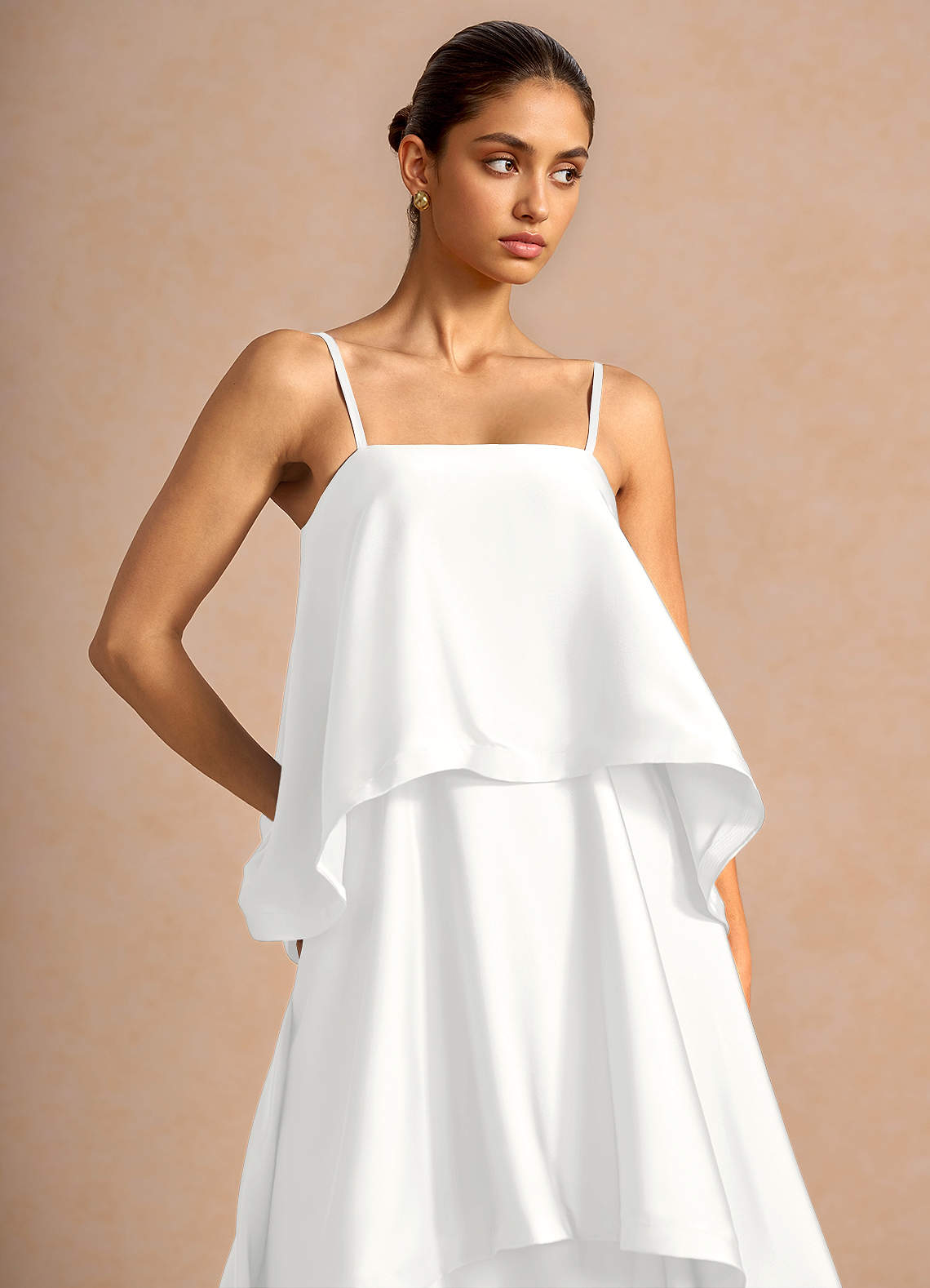 Itasca A-Line Tiered Stretch Satin Wedding Guest Dress in White