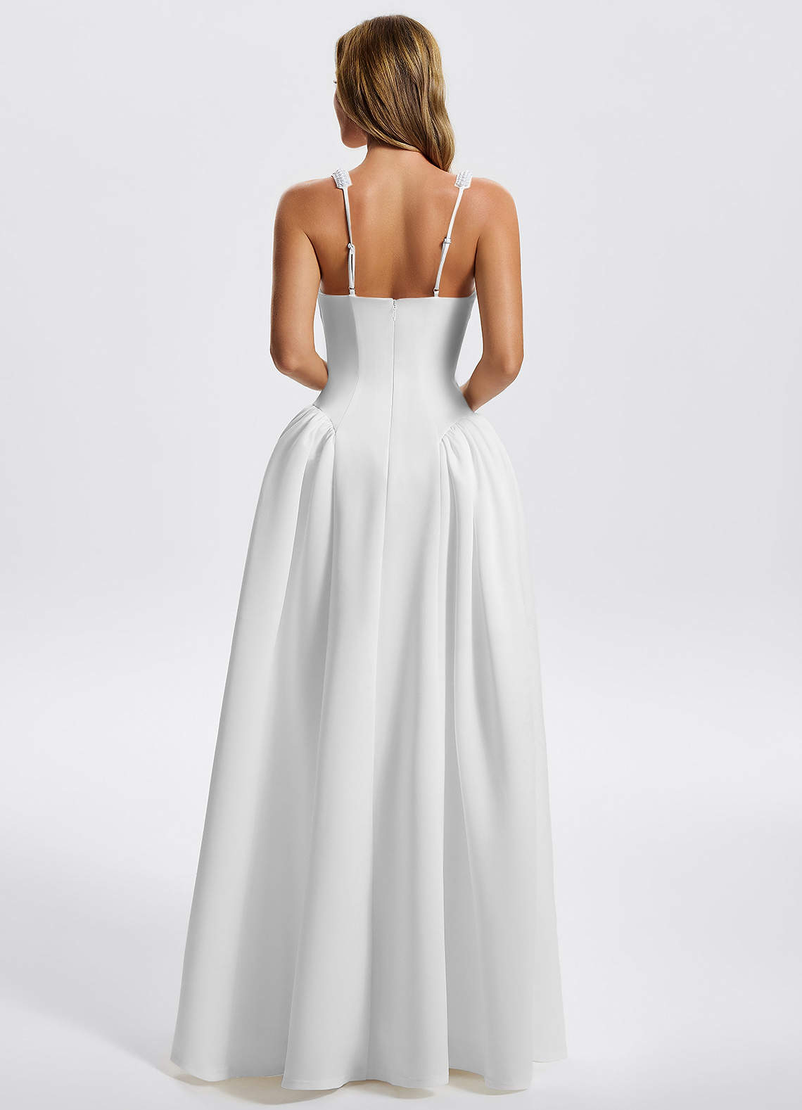 Kaelin A-Line Square-Neck Stretch Knit Evening Dress in White
