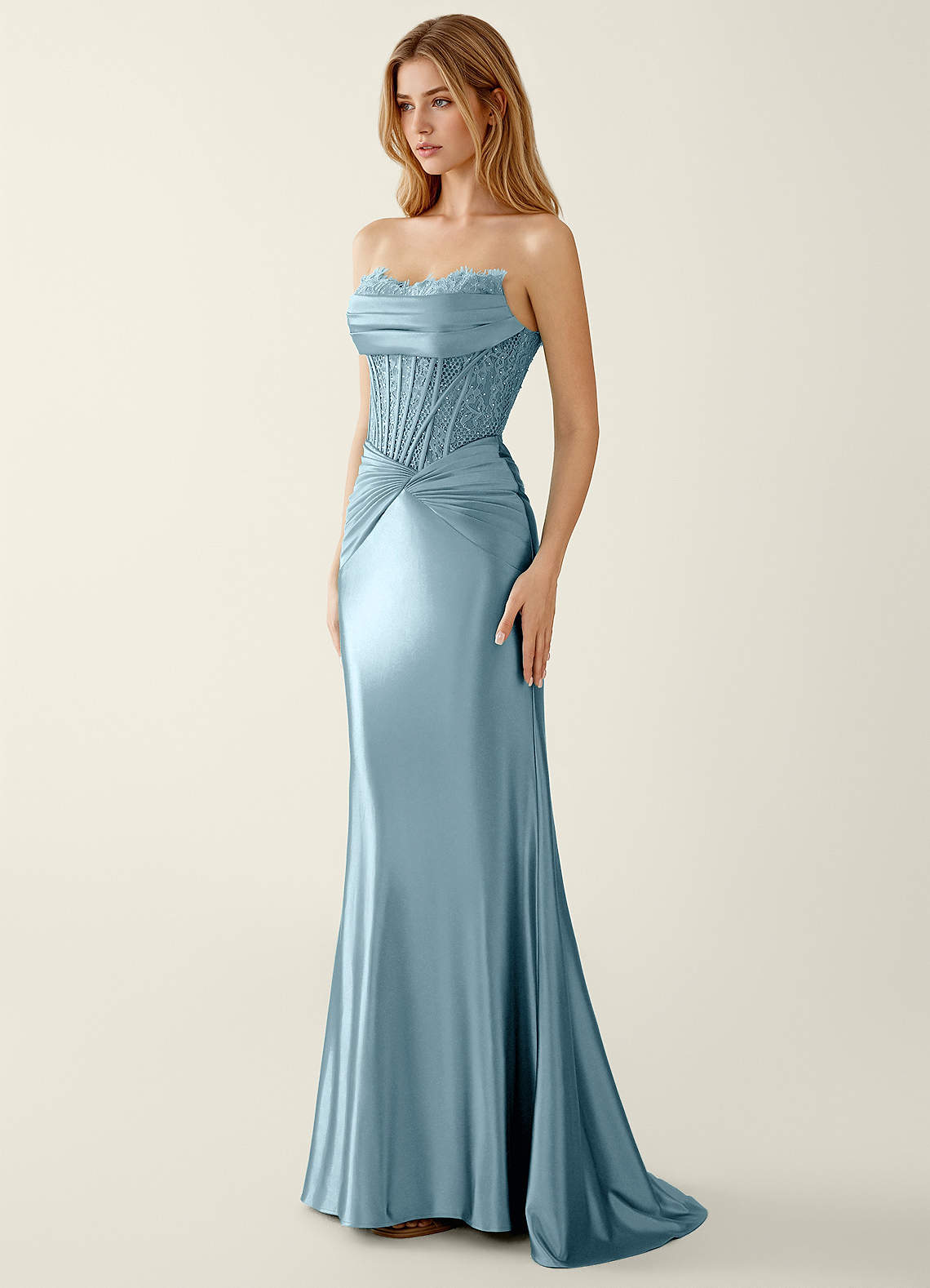 Sasha Mermaid Strapless Stretch Satin Evening Dress in dusty blue