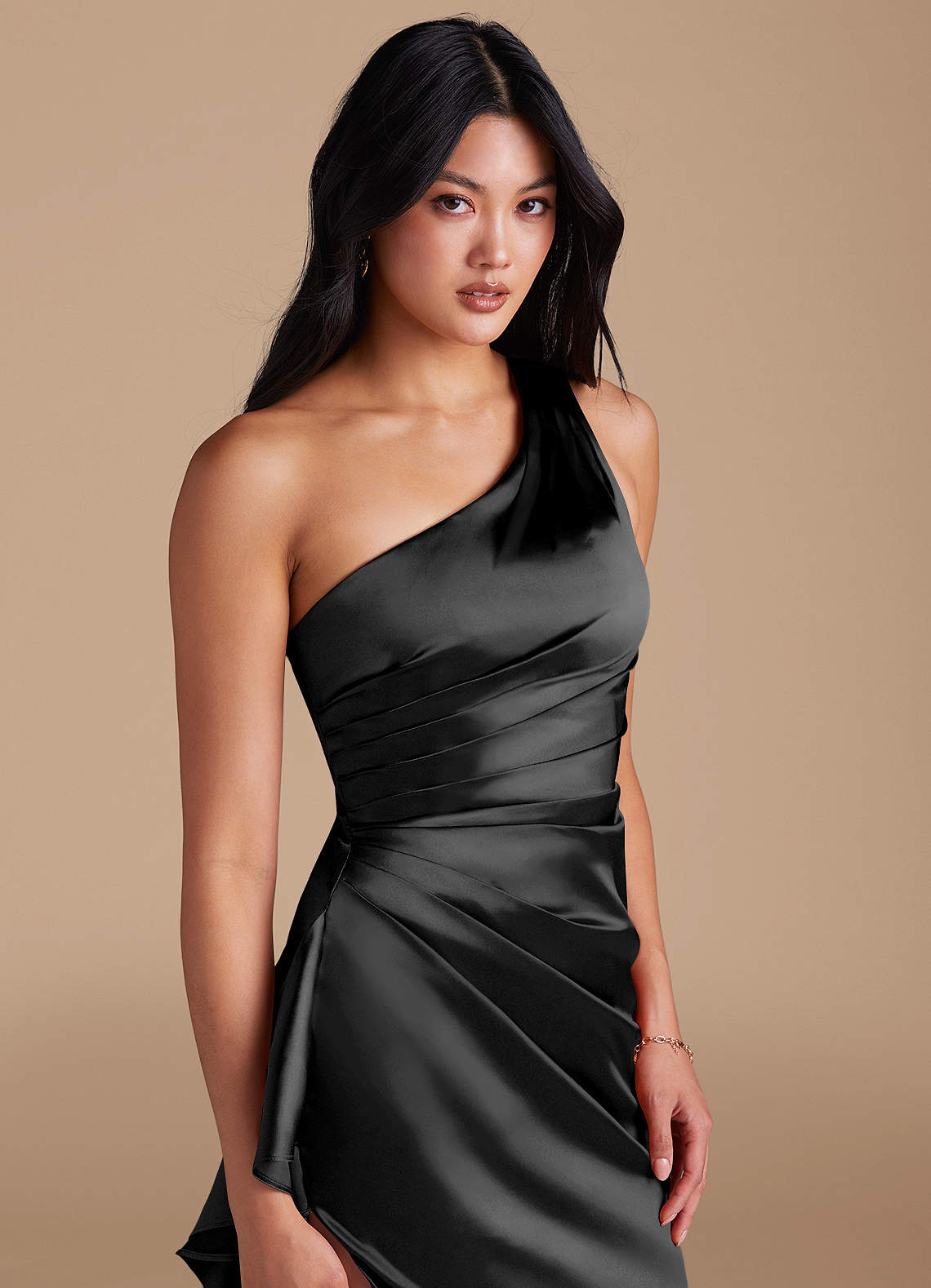 Latrice Sheath One-Shoulder Metallic Satin Bridesmaid Dress in black