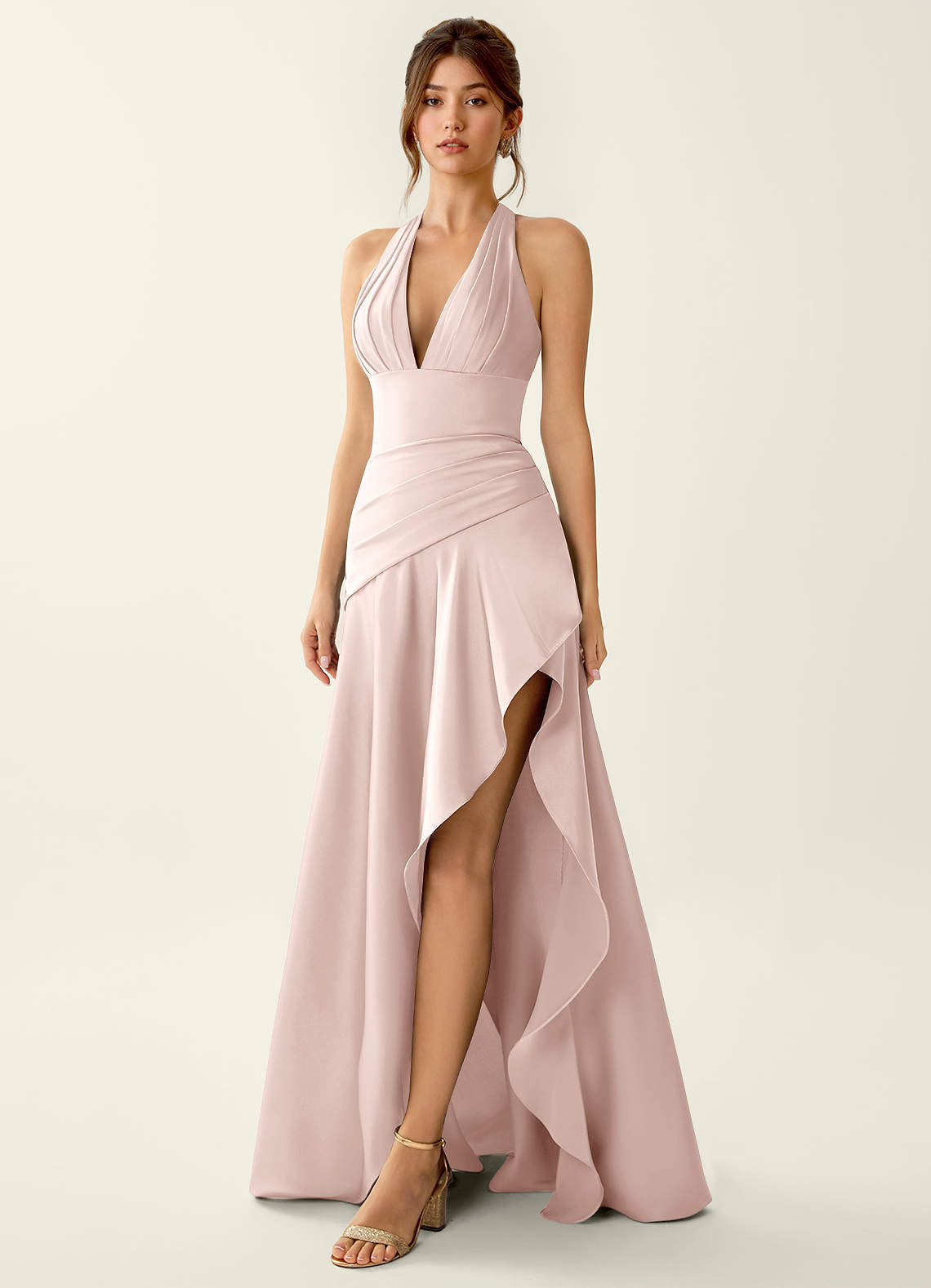 Titania Halter Asymmetric-Ruffle Satin Evening Dress in Pastel Yellow