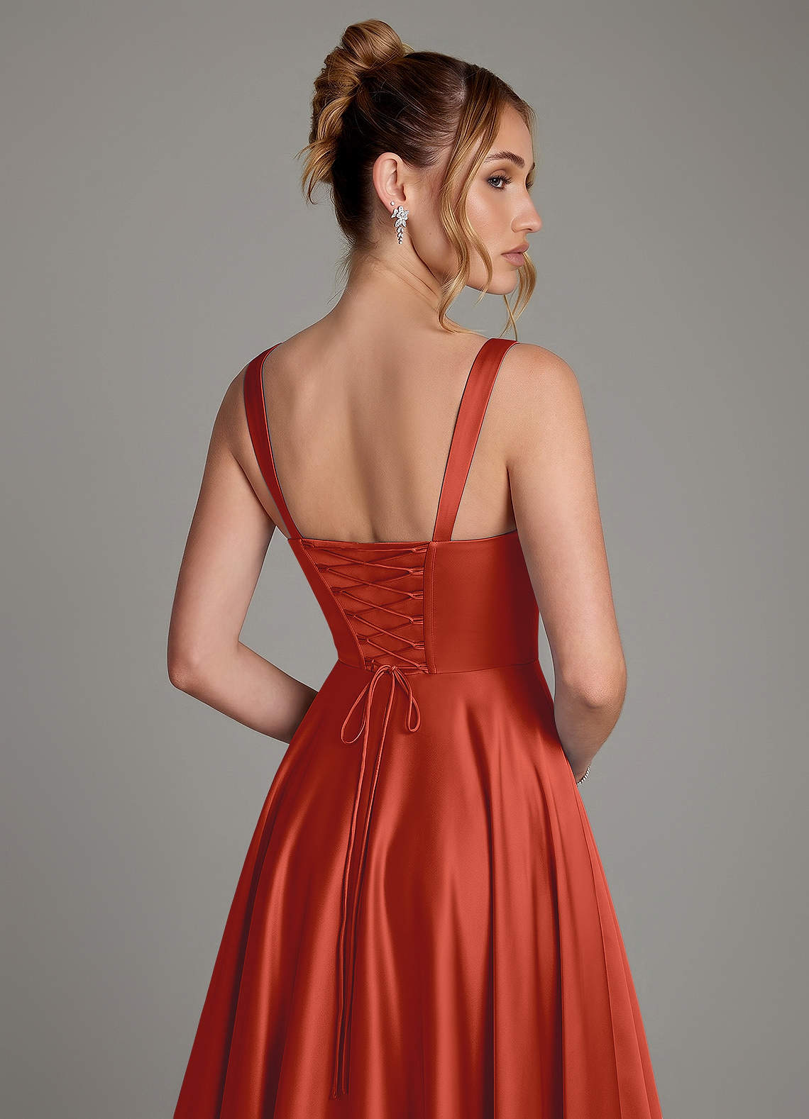 Azaria A-Line Square-Neck Stretch Satin Bridesmaid Dress in Rust