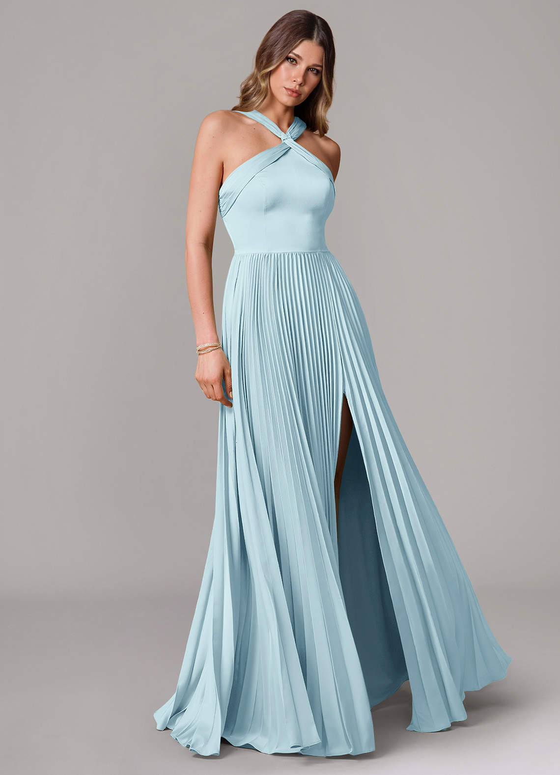 Afra A-Line Halter-Neck Stretch Satin Bridesmaid Dress in Cloud Blue